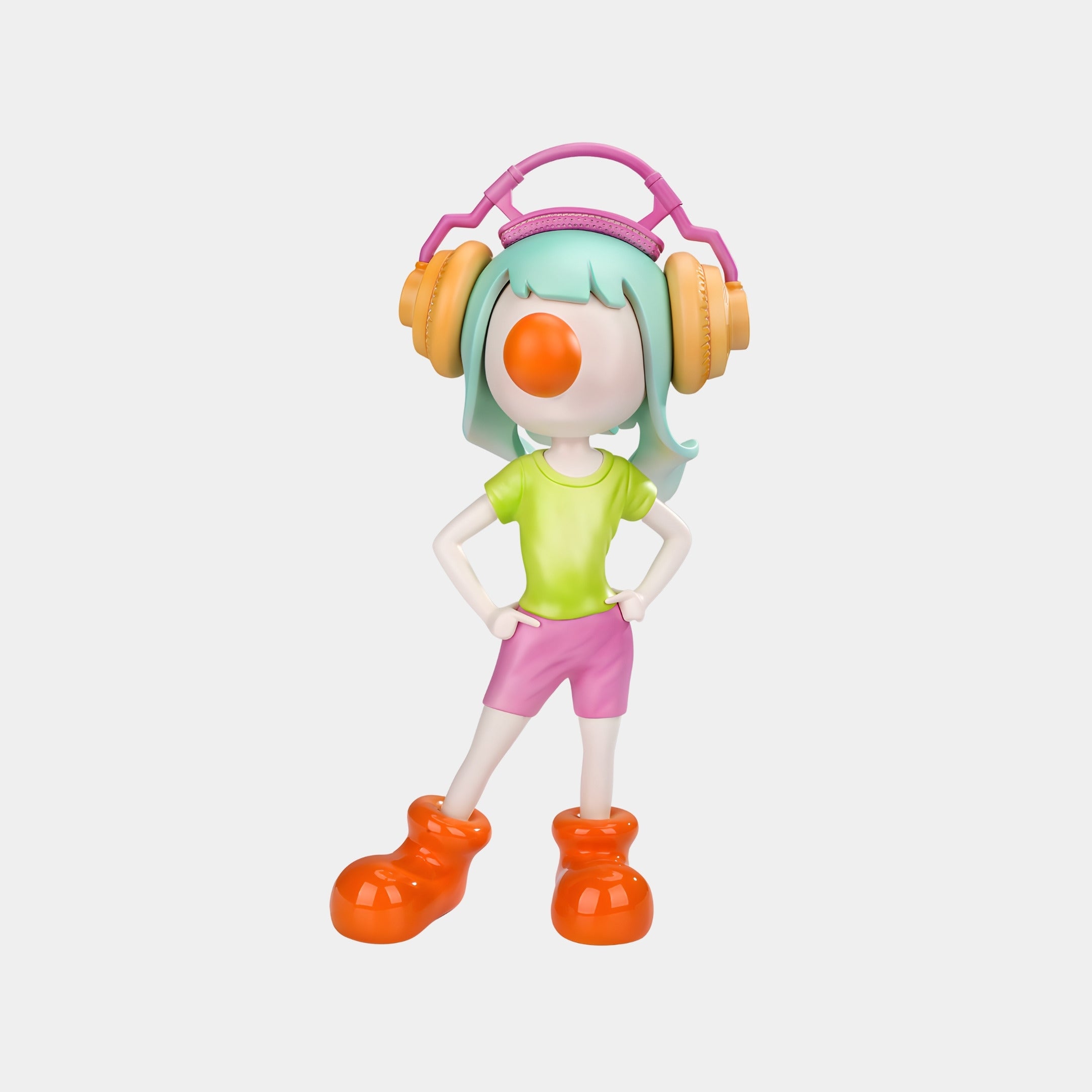 The Citrus Punch Vibella Headphone Figure - 60cm by Giant Sculptures features mint green hair, large orange headphones, an orange clown nose, oversized shoes, a green shirt, and pink shorts in cartoon pop-art style against a white background.