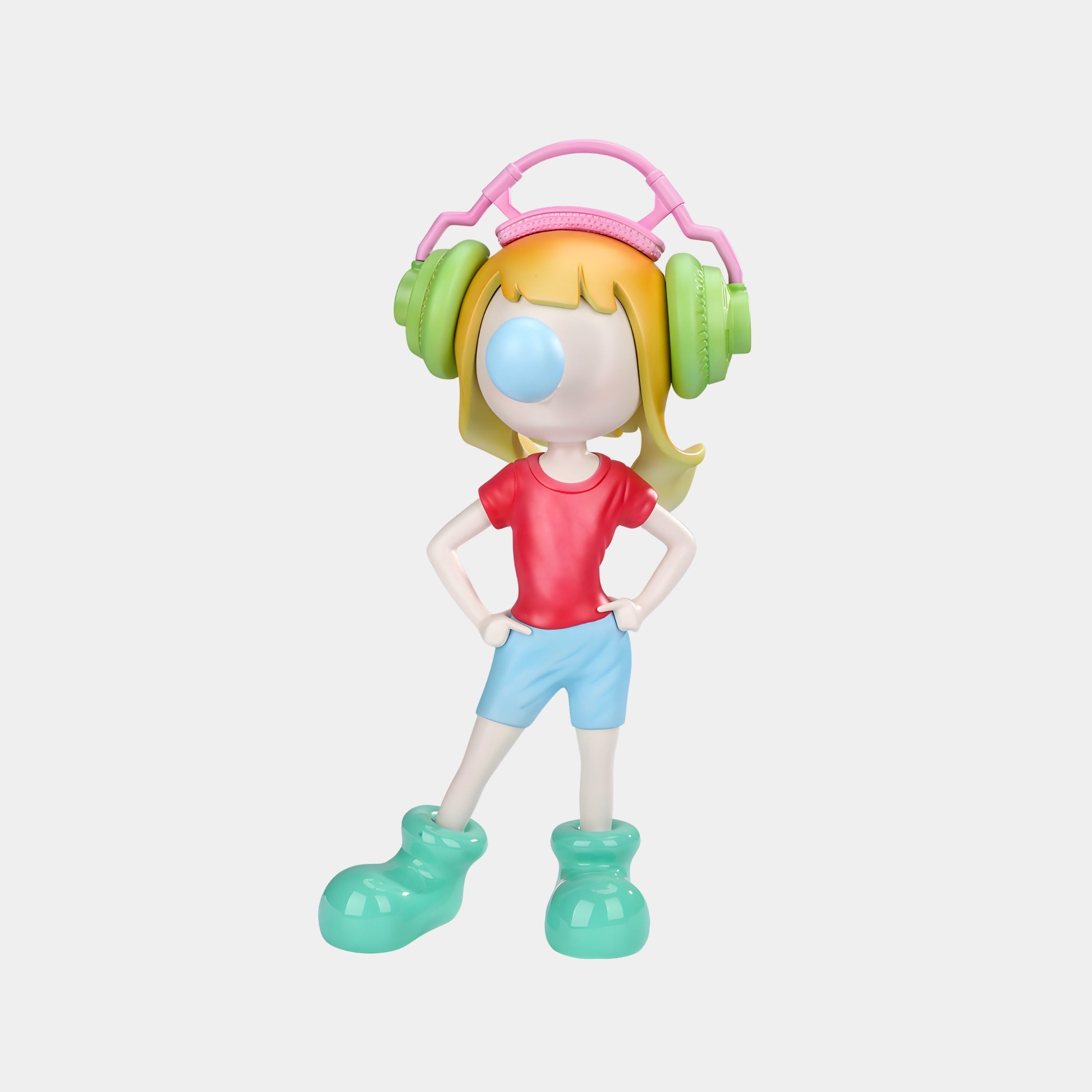 The Aqua Pulse Vibella Headphone Figure (60cm) by Giant Sculptures is a colorful, cartoon-style figurine with blond hair, green and pink headphones, red shirt, blue shorts, turquoise shoes, hands on hips, and a blue bubble from its mouth.