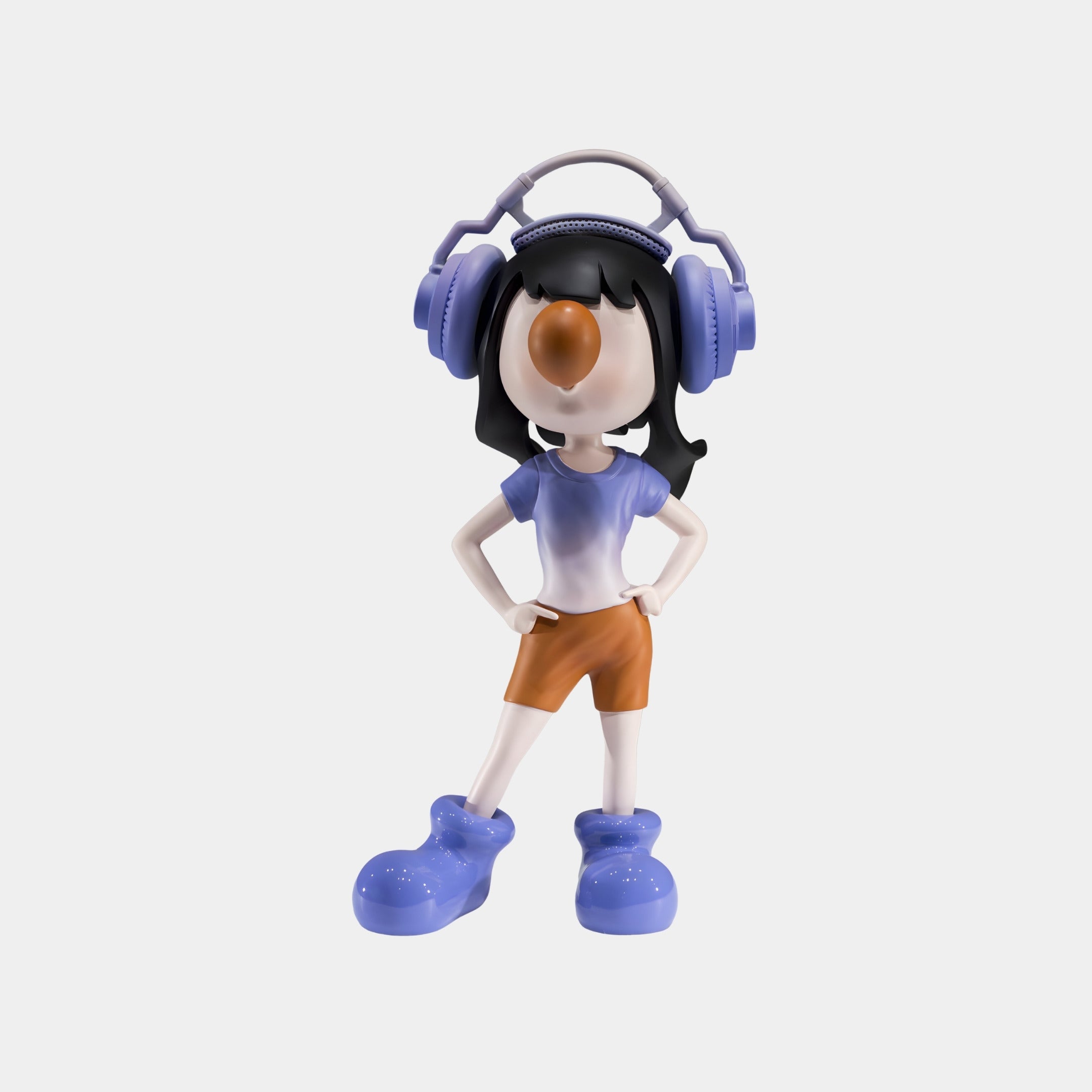 A stylized cartoon character inspired by Giant Sculptures' Indigo Fade Vibella Headphone Figure - 60cm stands confidently, sporting black hair, bold blue headphones, blue shoes, and orange shorts against a plain background.