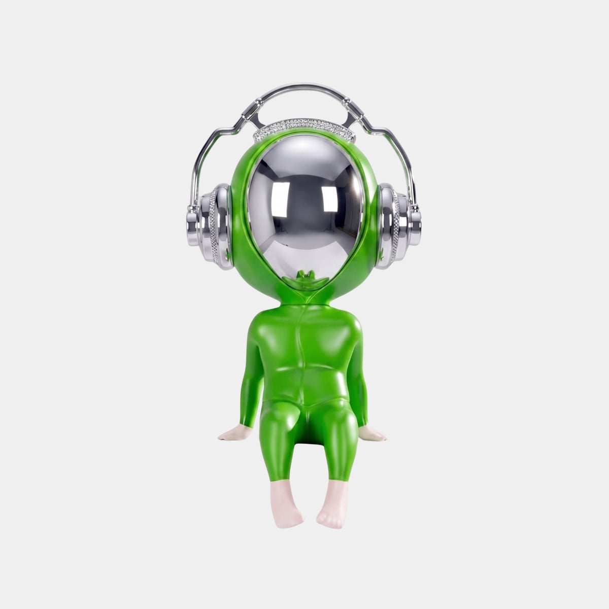 The Neon Green Alien Beats Figure - 55cm by Giant Sculptures features a glossy alien in a spacesuit with a reflective helmet and silver headphones, seated with hands by its sides—an eye-catching contemporary art decor piece.