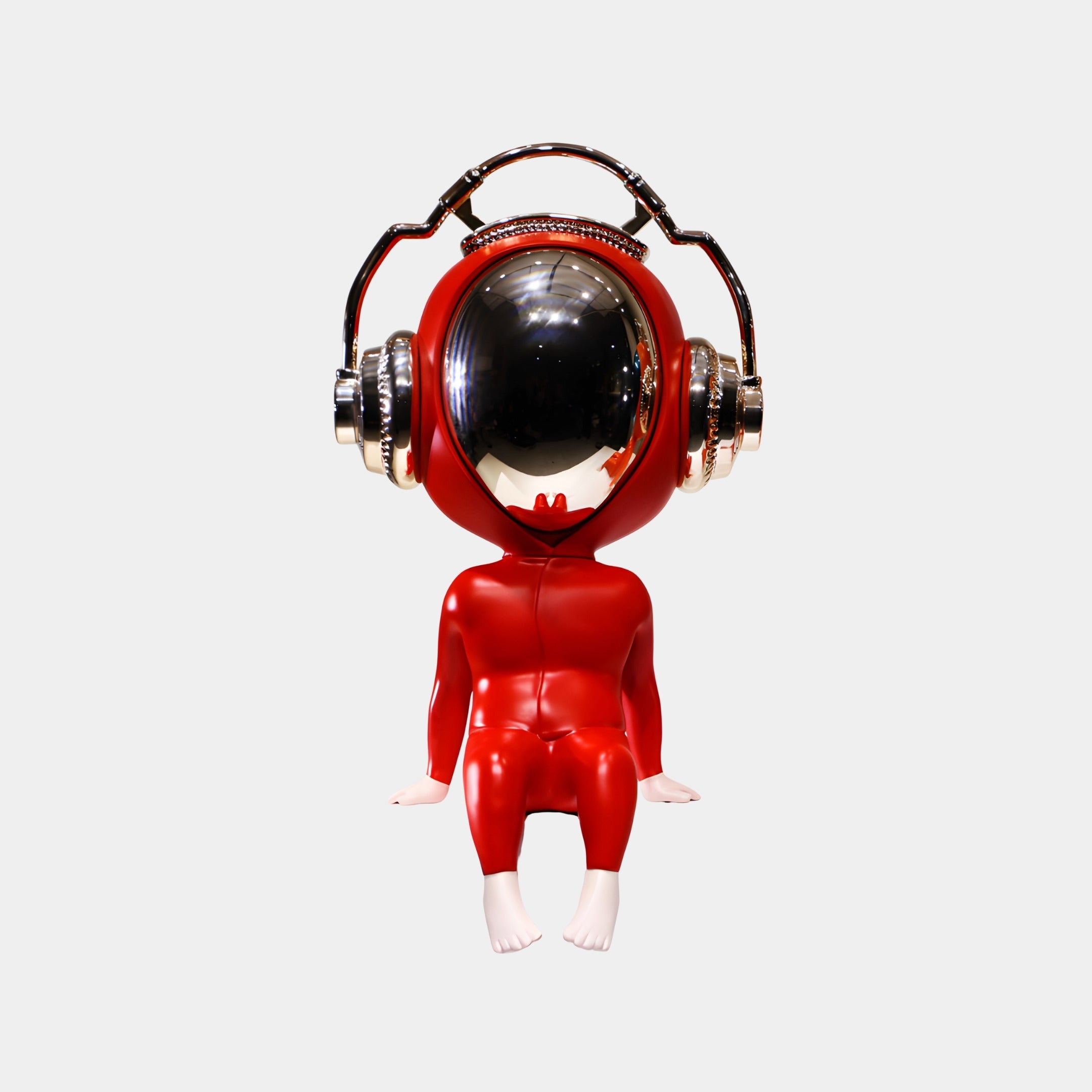The Crimson Red Alien Beats Figure - 55cm by Giant Sculptures features a glossy red finish, electroplated polyurethane build, black visor, and metallic headphones—an eye-catching decorative piece displayed on a plain white background.