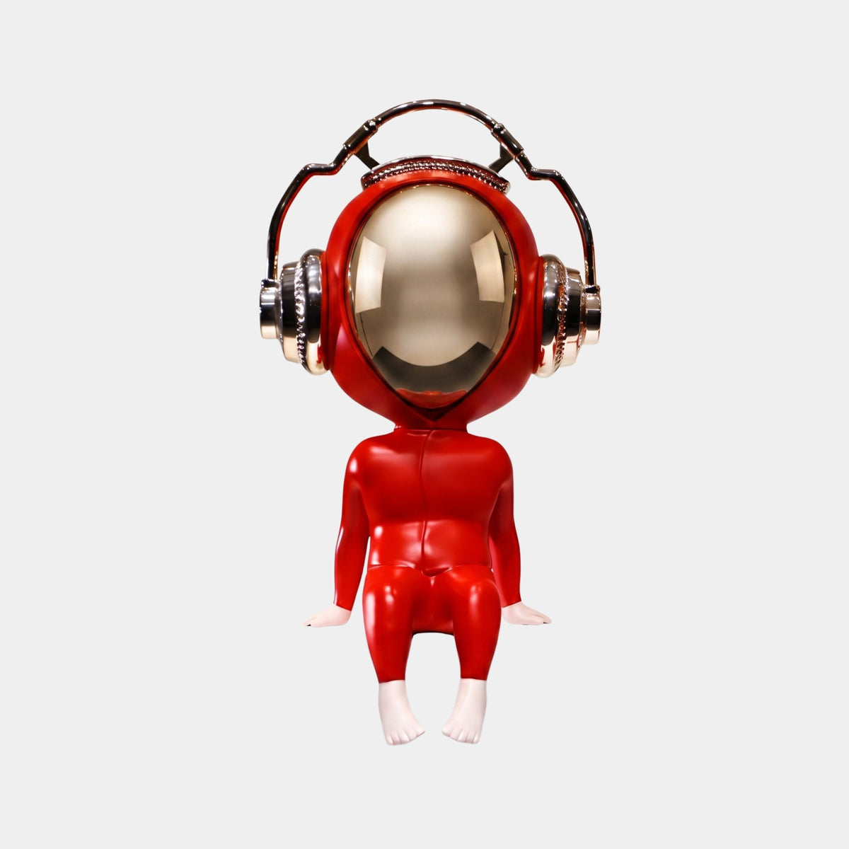 The Crimson Red Alien Beats Figure - 55cm by Giant Sculptures features a glossy red finish, electroplated polyurethane build, black visor, and metallic headphones—an eye-catching decorative piece displayed on a plain white background.
