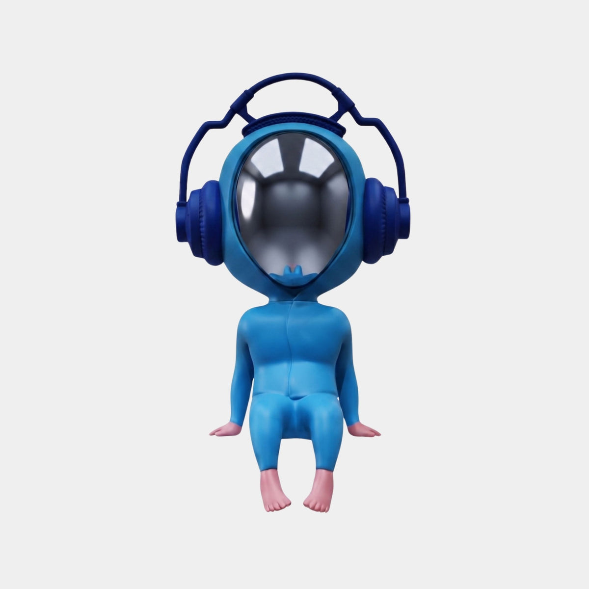 The Ocean Blue Alien Beats Figure - 55cm by Giant Sculptures features a blue humanoid with a mirror-like face, oversized blue headphones, and sits barefoot—a bold sci-fi décor piece set against a white background.