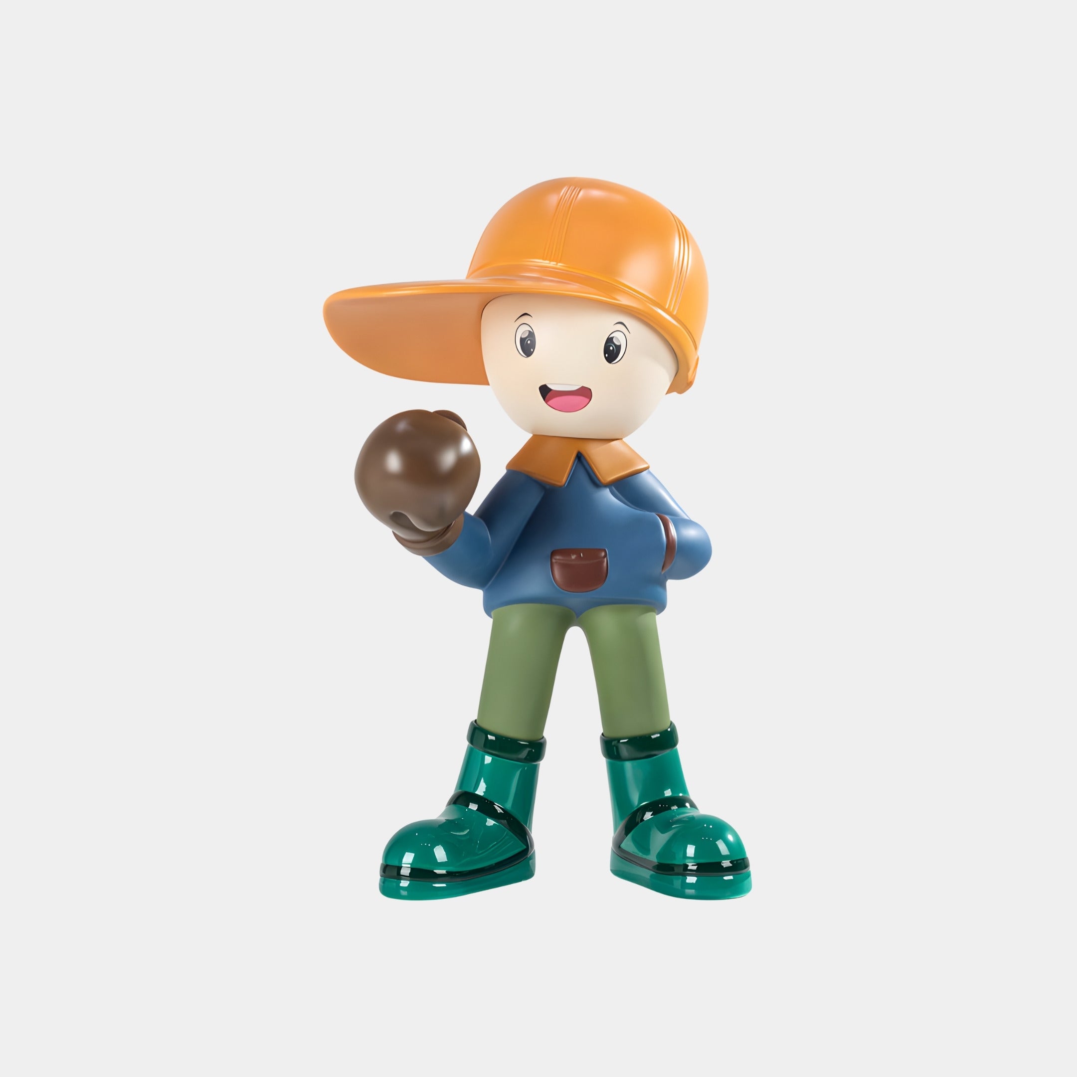 The Classic Boots Orange Brimble Figure - 52cm by Giant Sculptures depicts a smiling child in green boots and an orange cap, crafted from eco-friendly polyurethane and displayed against a plain white background.