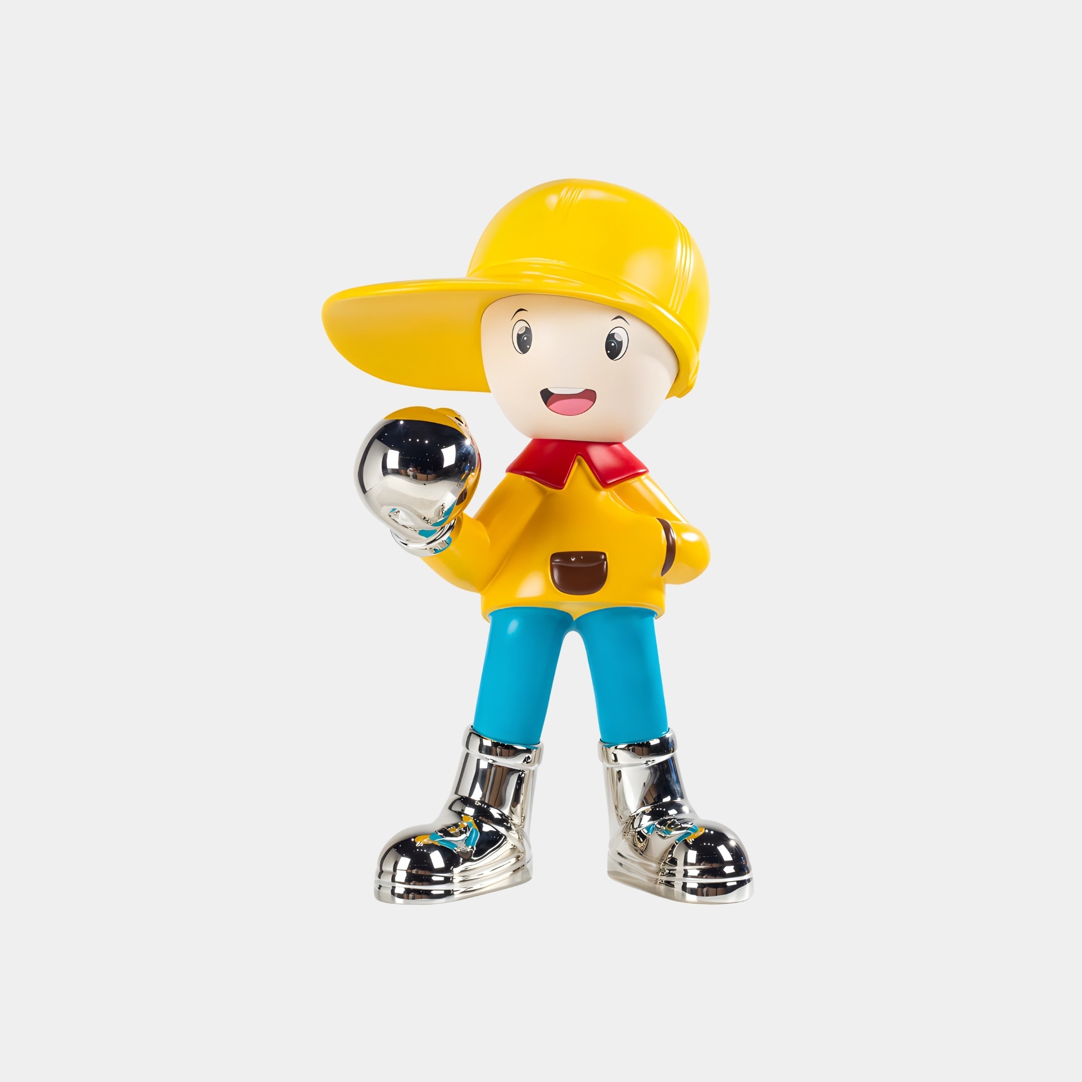 The Giant Sculptures "Electroplated Boots & Fist Yellow Brimble Figure - 52cm" features a cartoon-style character in yellow cap and shirt with red collar, blue pants, shiny electroplated boots, holding a reflective silver ball.