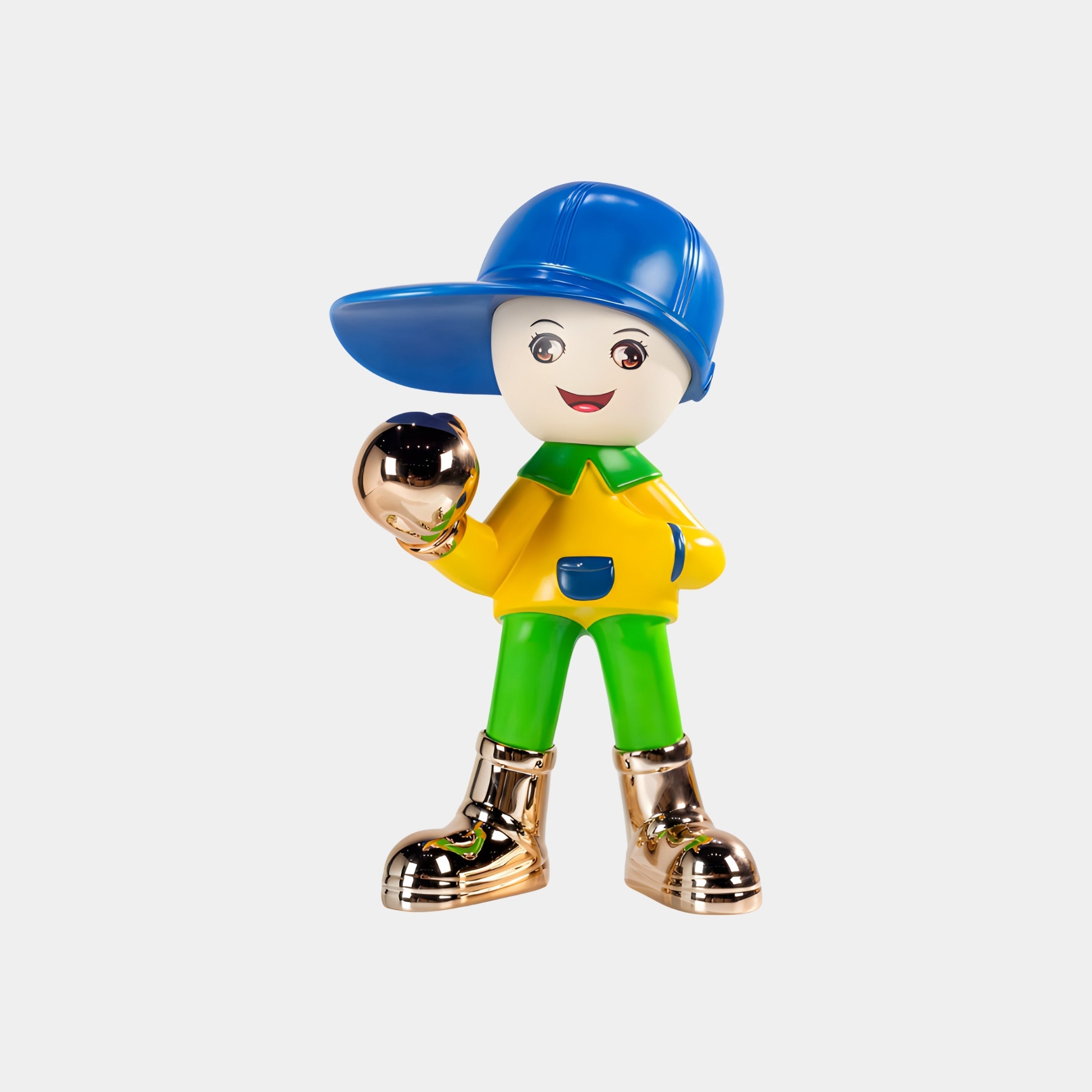 The Electroplated Boots & Fist Blue Brimble Figure (52cm) by Giant Sculptures features a cheerful character with a round white face, wide eyes, blue cap, yellow shirt, green pants, shiny boots, and a gold ball—a charming decorative piece.