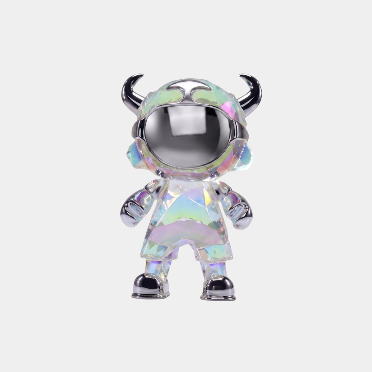 The Giant Sculptures Iridescent Chrome Astro Devil Figure (15cm) features a shiny, horned helmet, visor, and boots. This unique astronaut-inspired designer sculpture stands against a white background.