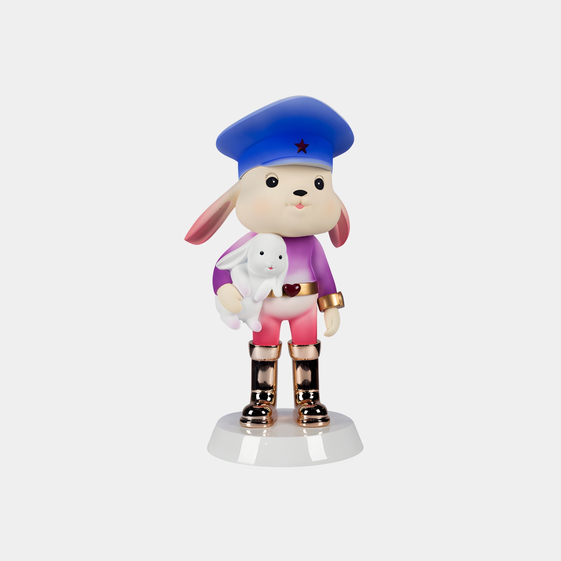 The Royal Gradient Bunny Guard Figure (55cm) by Giant Sculptures is a cute luxury designer art toy featuring a beret-wearing dog with gold boots holding a white rabbit—a must-have collectible sculpture.