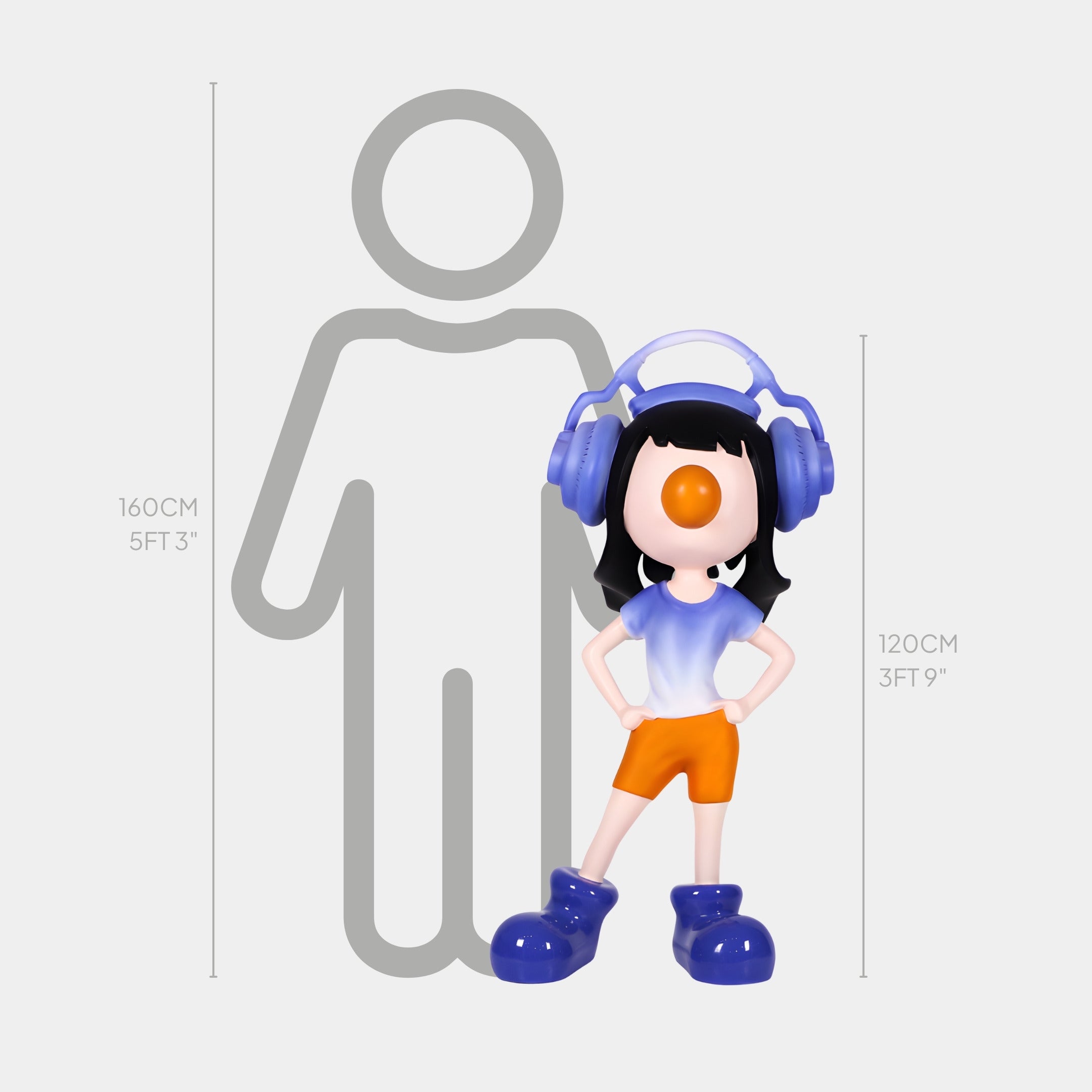 The Indigo Fade Vibella Headphone Sculpture by Giant Sculptures stands 120 cm tall (62 cm deep, 65 cm wide), depicting a cartoon figure with a large orange nose and blue headphones, next to a height chart below a 160 cm human outline.