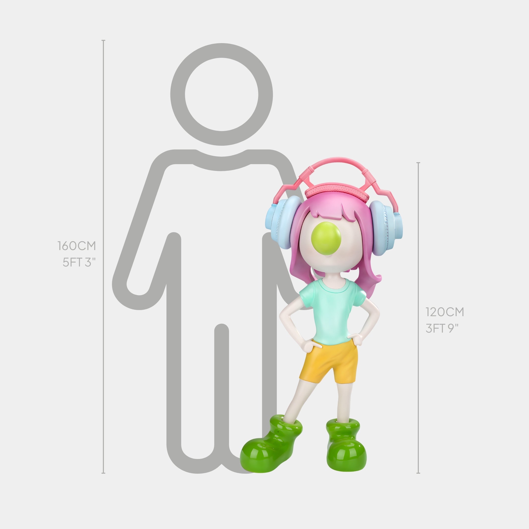 The Lime Pop Vibella Headphone Sculpture by Giant Sculptures features a toy figure with pink hair, blue headphones, green shoes, and yellow shorts. Measuring 120cm tall and 65cm wide, it stands confidently beside a 160cm person outline.