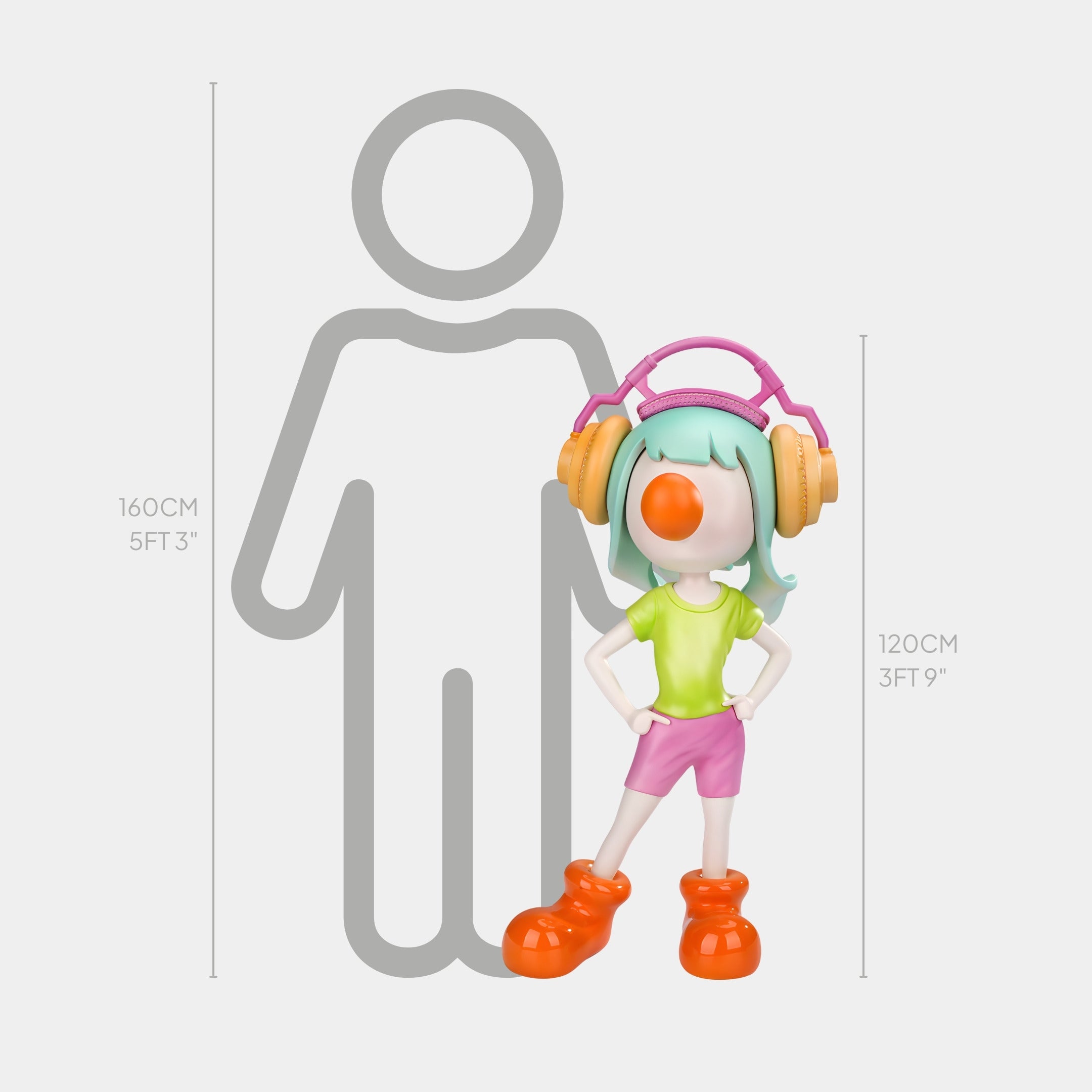 The Citrus Punch Vibella Headphone Sculpture by Giant Sculptures is a 120 cm tall, 65 cm wide cartoon-style figure with light blue hair, orange headphones, green shirt, pink shorts, and orange shoes standing confidently beside an outline of a person.