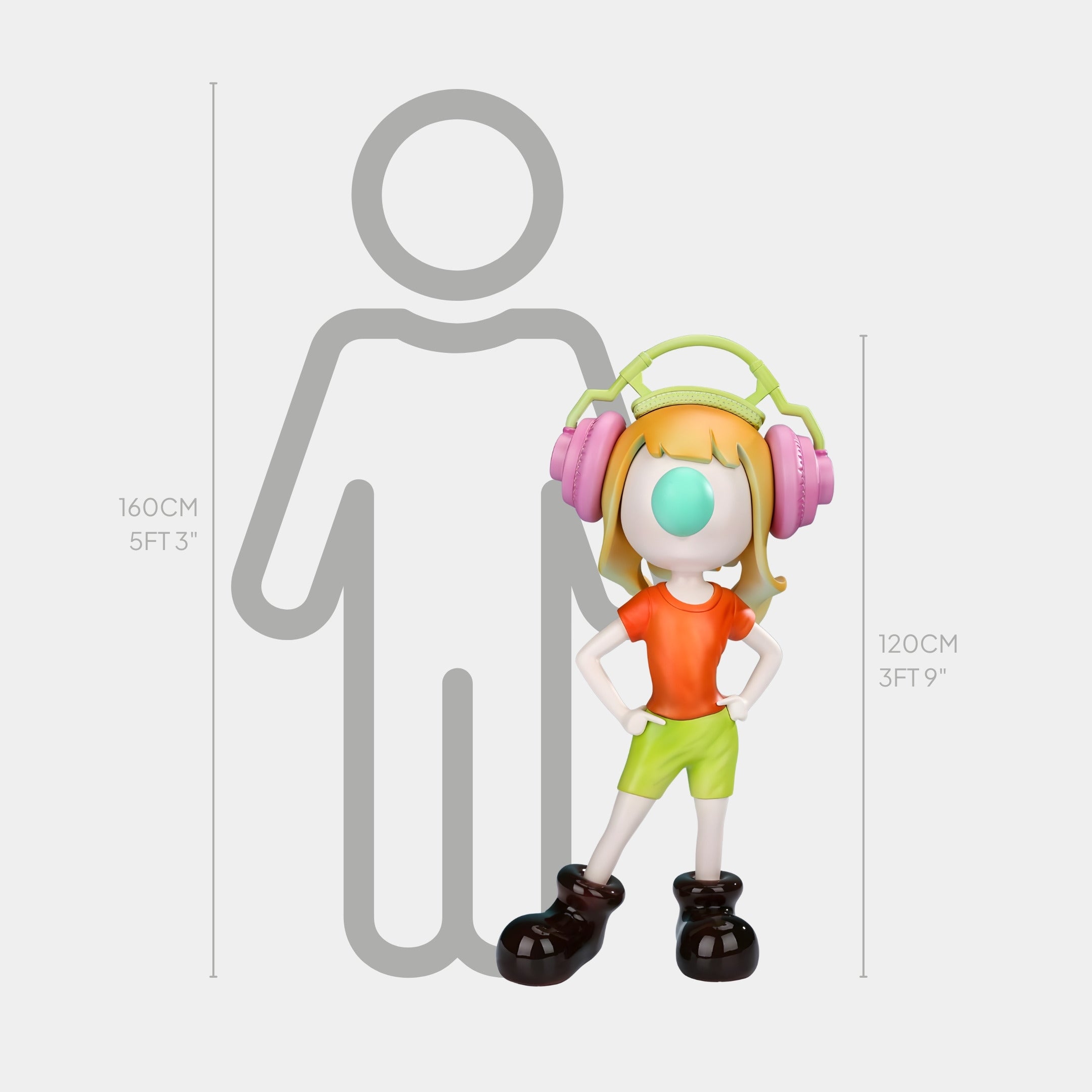 The Neon Coral Vibella Headphone Sculpture by Giant Sculptures features a cartoon-like figure with orange hair, green headphones, an orange shirt, green shorts, and black shoes. At 120cm tall and 65cm wide, it stands beside a 160cm silhouette for scale.