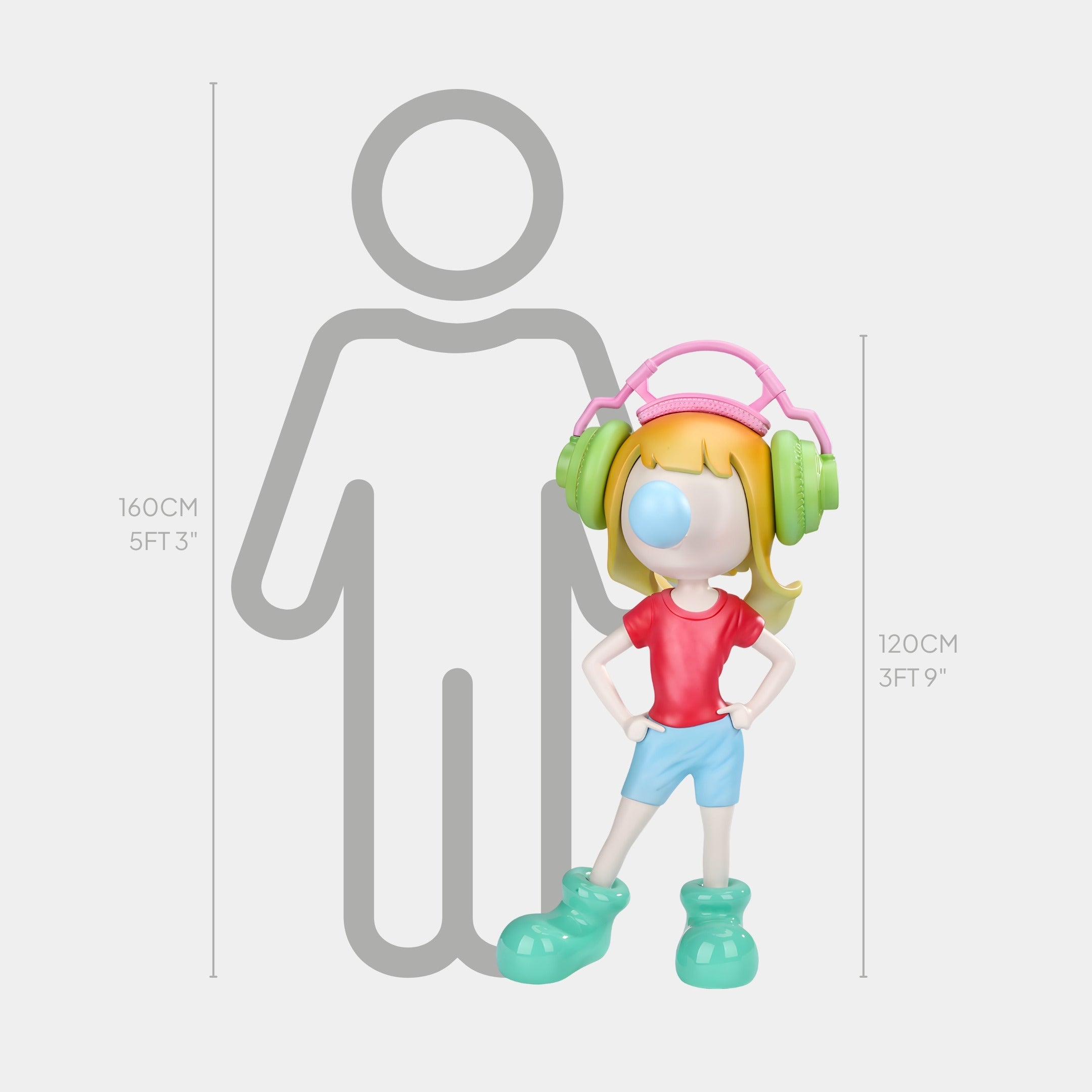 The Aqua Pulse Vibella Headphone Sculpture by Giant Sculptures depicts a blonde girl with green headphones, pink shirt, blue shorts, and green shoes blowing a blue bubble. Measures approx. 120cm H x 65cm W x 62cm D.