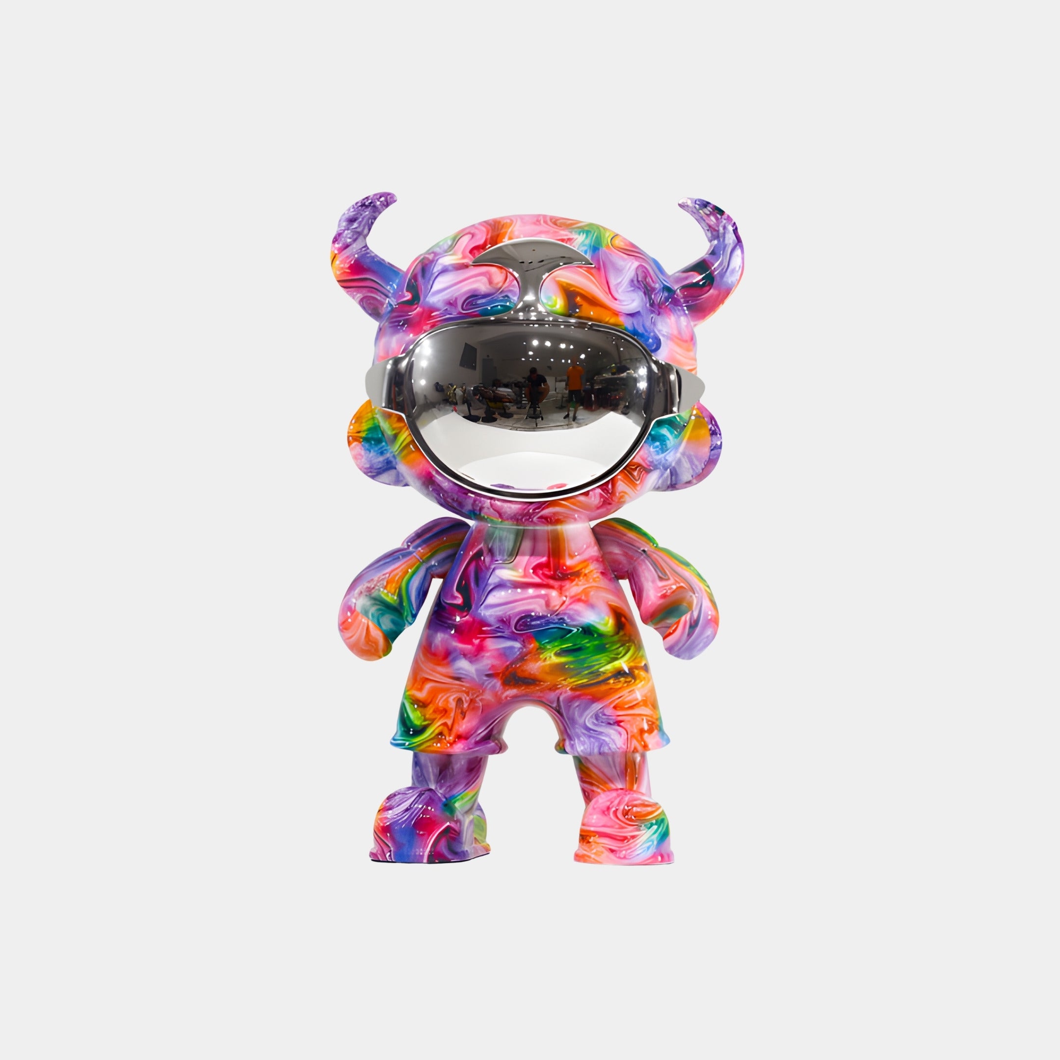The Neon Splash Astro Devil Figure - 35cm by Giant Sculptures features swirling rainbow patterns, horn-like protrusions, and a shiny visor, creating a colorful abstract collectible art toy against a plain white background.