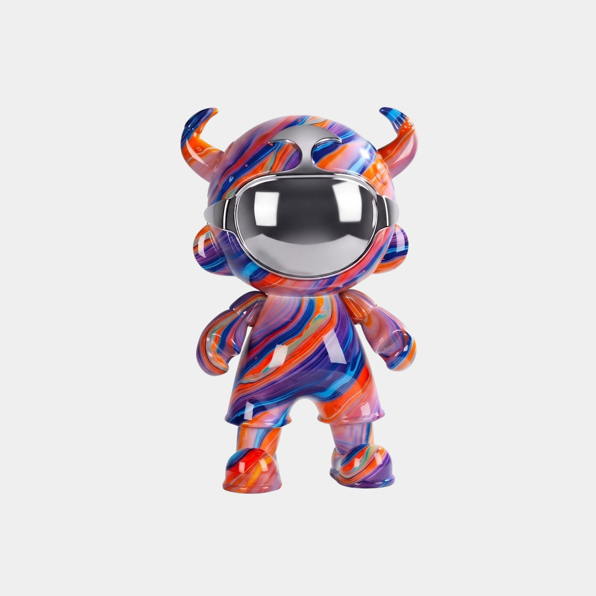 The Solar Burst Astro Devil Figure - 35cm by Giant Sculptures features a vibrant mix of orange, purple, and blue swirls, small horns, and a reflective faceplate—making this collectible art toy truly eye-catching.
