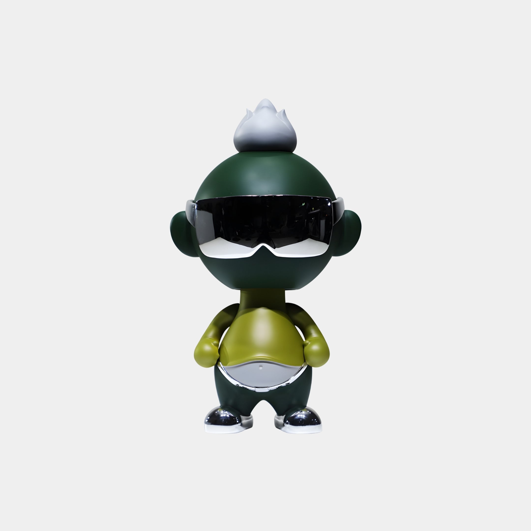 The Giant Sculptures Forest Lime Orbix Figure - 29cm is crafted from eco-friendly polyurethane, featuring a white spiky mohawk, black sunglasses, yellow arms, and silver shoes, pictured against a plain white background.