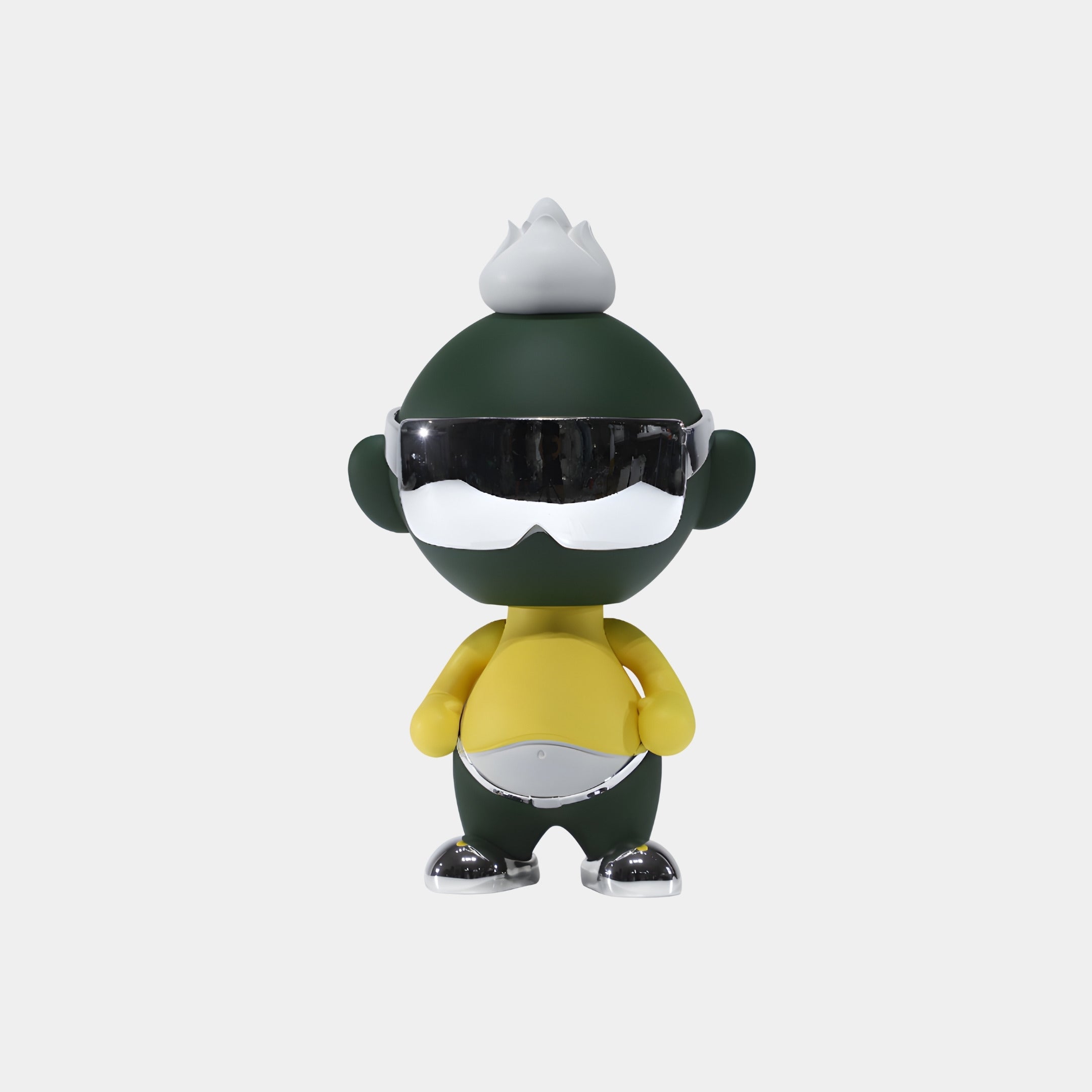 The Olive Yellow Orbix Figure - 29cm by Giant Sculptures features a dark green head and body, yellow arms and torso, white mohawk, silver visor, and chrome shoes—a striking designer art toy ideal for modern home decor.