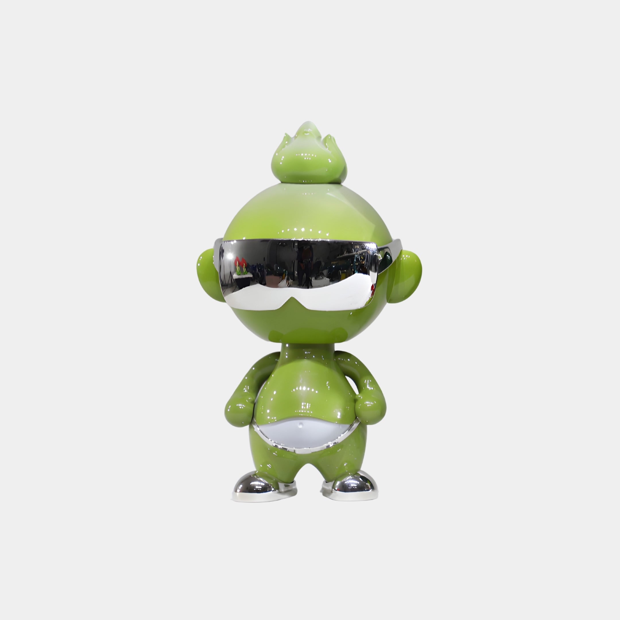 The Lime Chrome Orbix Figure - 29cm by Giant Sculptures features a shiny green finish, round head, metallic silver visor, and silver accents—ideal for adding modern space-age flair to your decor. Displayed against a plain white background.