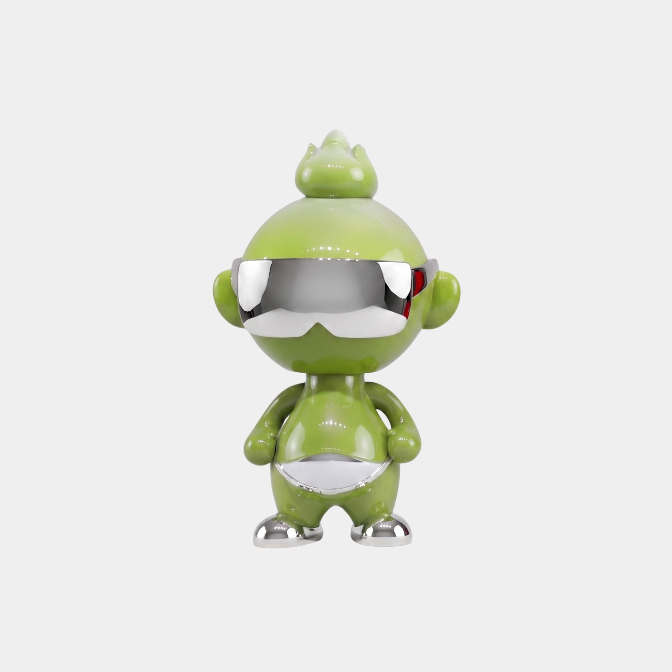 The Lime Chrome Orbix Figure - 29cm by Giant Sculptures features a shiny green finish, round head, metallic silver visor, and silver accents—ideal for adding modern space-age flair to your decor. Displayed against a plain white background.
