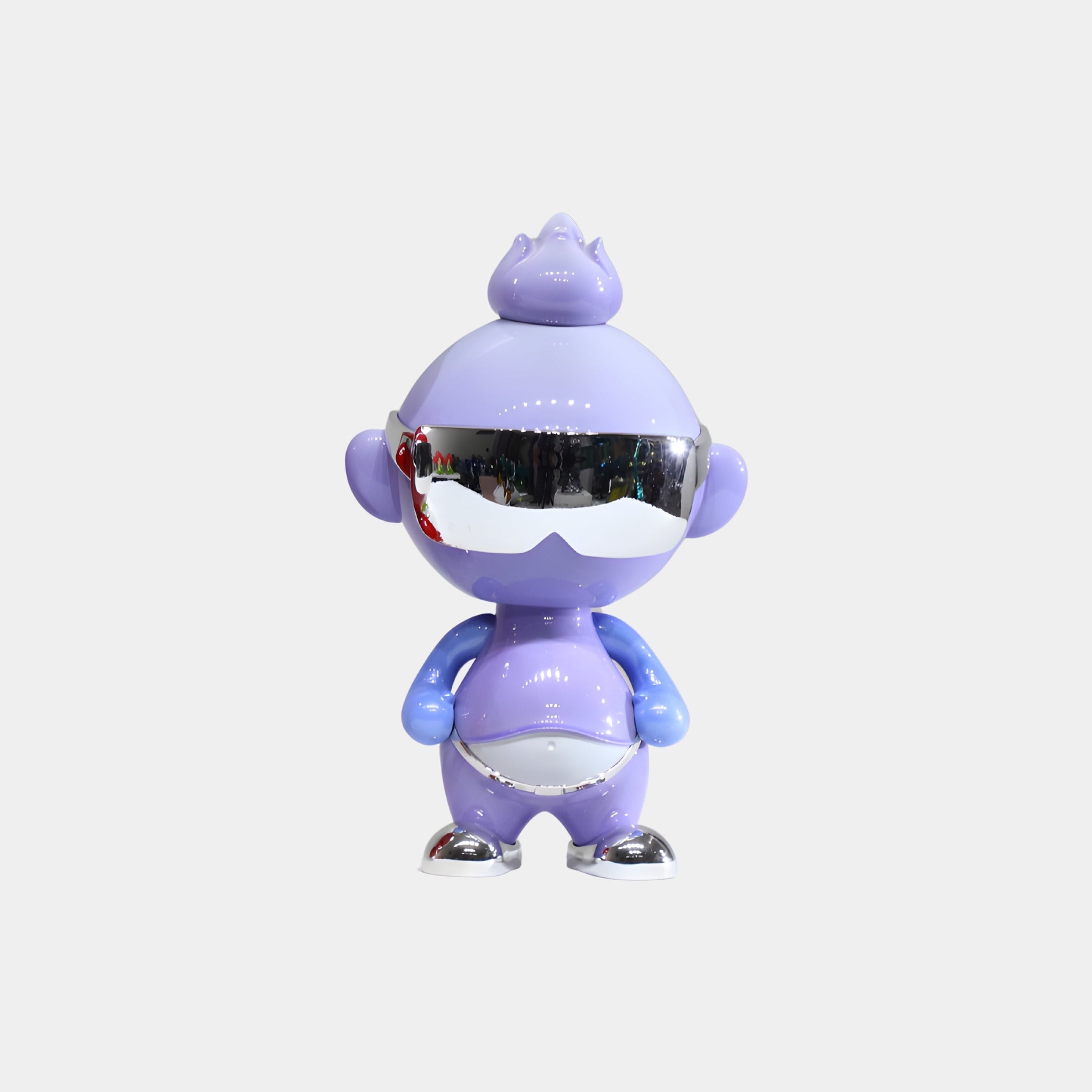 The Lavender Sky Orbix Figure - 29cm by Giant Sculptures is a shiny purple humanoid with a topknot, chrome visor sunglasses, silver belt and shoes, posed against a plain white background in a modern character design style.