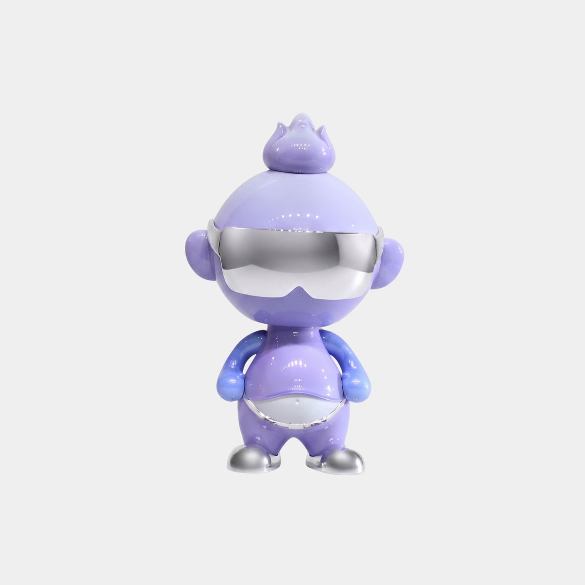 The Lavender Sky Orbix Figure - 29cm by Giant Sculptures is a shiny purple humanoid with a topknot, chrome visor sunglasses, silver belt and shoes, posed against a plain white background in a modern character design style.