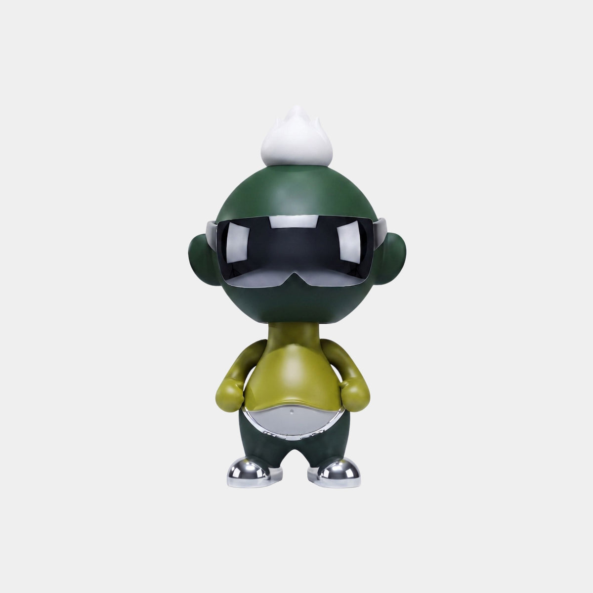 The Giant Sculptures Forest Lime Orbix Figure - 29cm is crafted from eco-friendly polyurethane, featuring a white spiky mohawk, black sunglasses, yellow arms, and silver shoes, pictured against a plain white background.