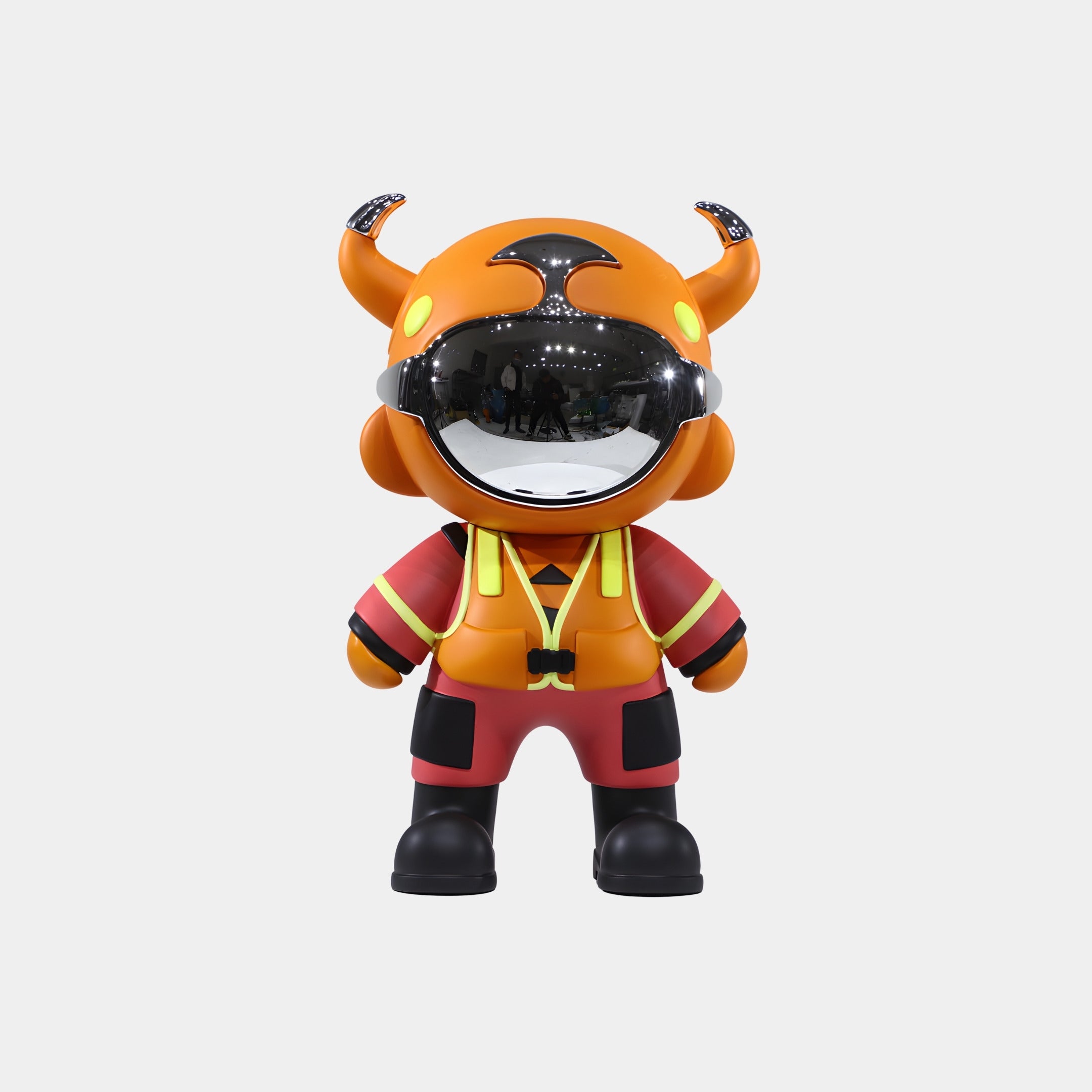 The Orange Rescue Astro Devil Figure - 35cm by Giant Sculptures is a limited edition art toy featuring a cartoonish character with an orange helmet, black horns, reflective visor, and vibrant orange and red outfit on a white background.