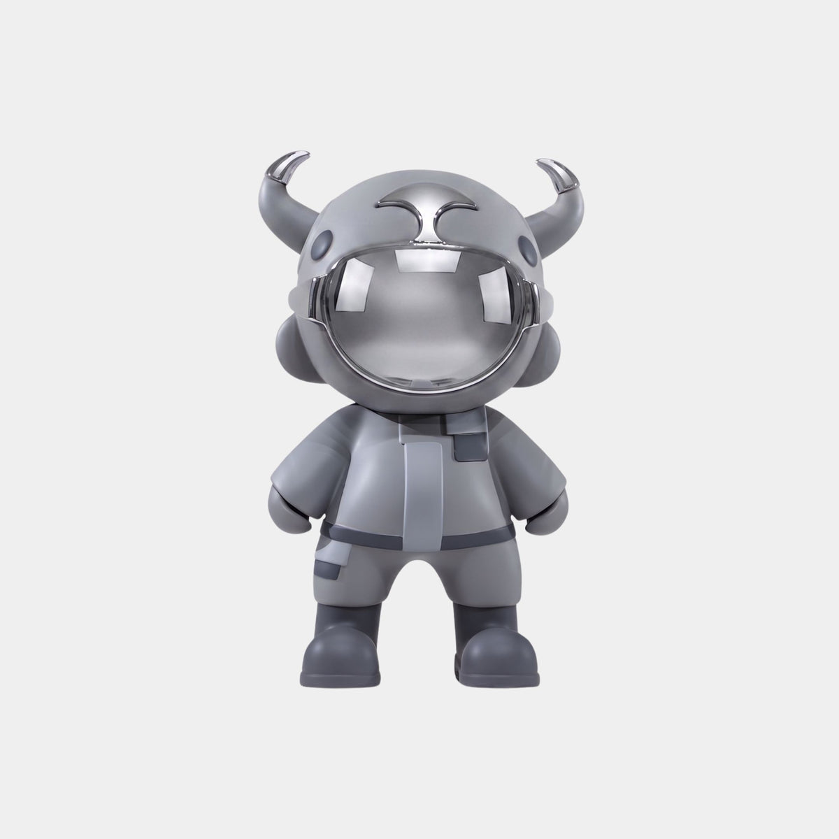 The Stealth Grey Astro Devil Figure - 35cm by Giant Sculptures is a gray collectible with a shiny helmet, small horns, and matching suit and boots, standing upright on a plain white background.