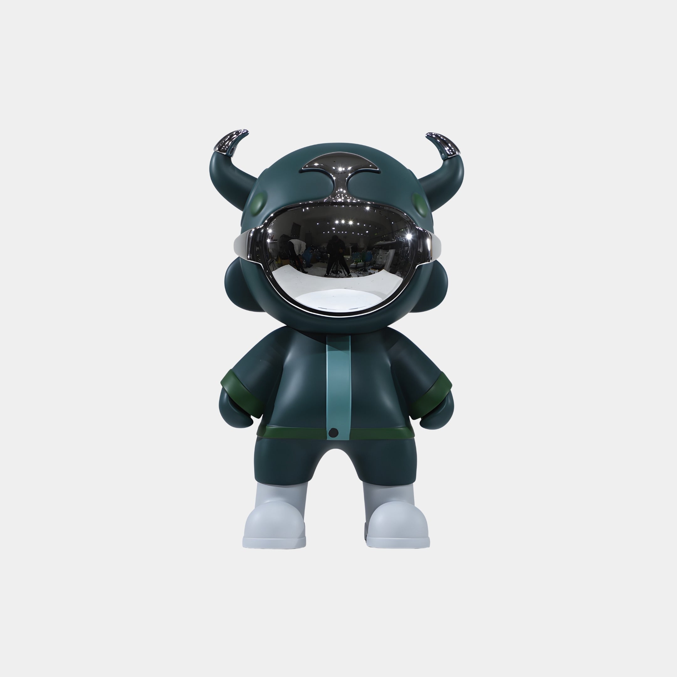 The Giant Sculptures Deep Teal Utility Astro Devil Figure - 35cm features a dark green body, large white shoes, a shiny helmet with curved black horns, and is showcased against a plain white background—an eye-catching sci-fi collectible.