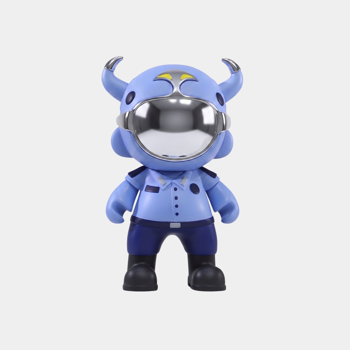 The Giant Sculptures Sky Blue Patrol Astro Devil Figure - 35cm showcases a blue horned cartoon character with a reflective visor helmet and collared shirt, standing forward against a plain white background.