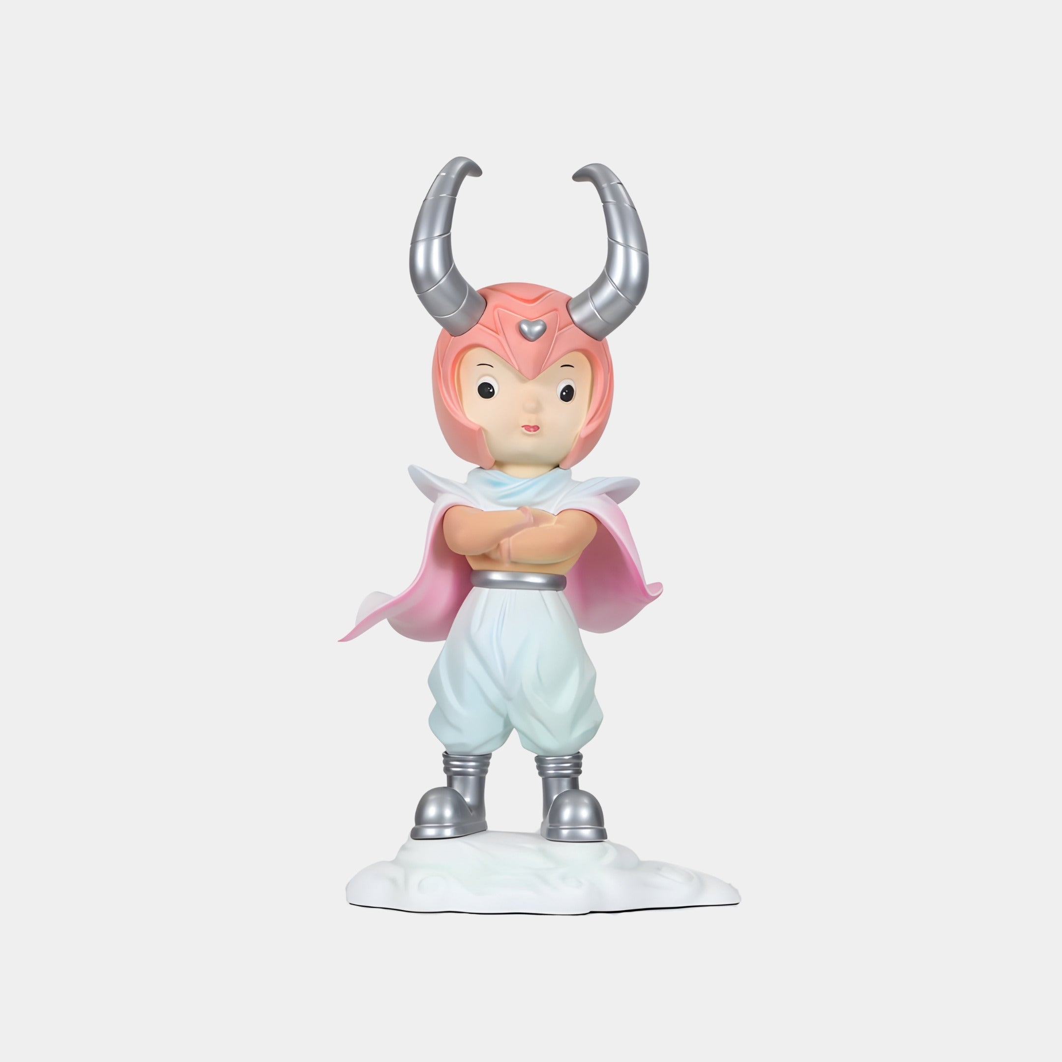 The Pastel Pink Devil Girl Sculpture - 67cm by Giant Sculptures is a hand-painted, eco-friendly resin collectible featuring a pink-haired character with silver horns, pink cape, and silver boots standing arms crossed on a white base.