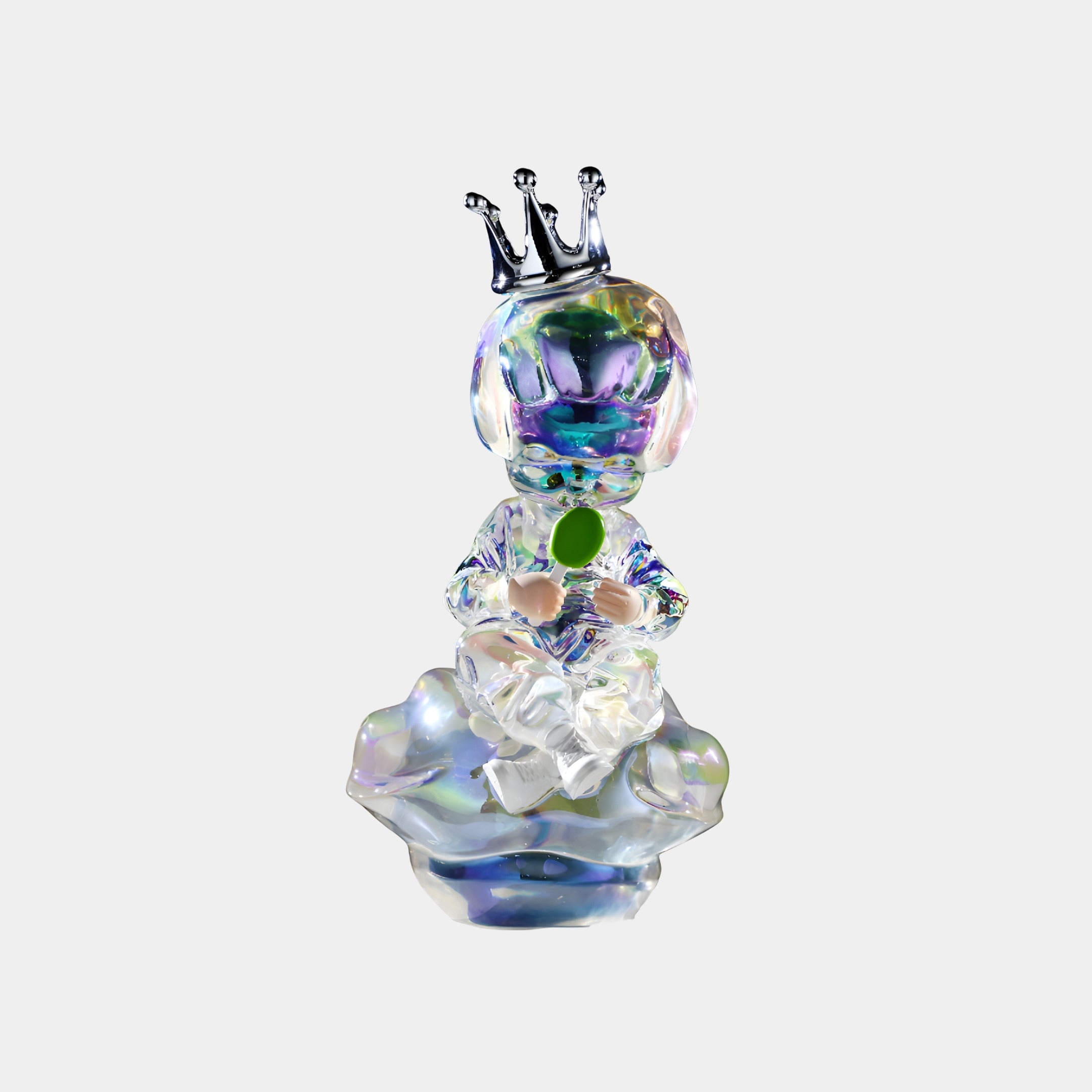 The Aurora Crown Cloud Dreamer Figure - 54cm by Giant Sculptures is a 3D-printed resin collectible showing a crowned, childlike figure seated on a cloud, holding a green object in an iridescent, crystal-clear aurora finish.