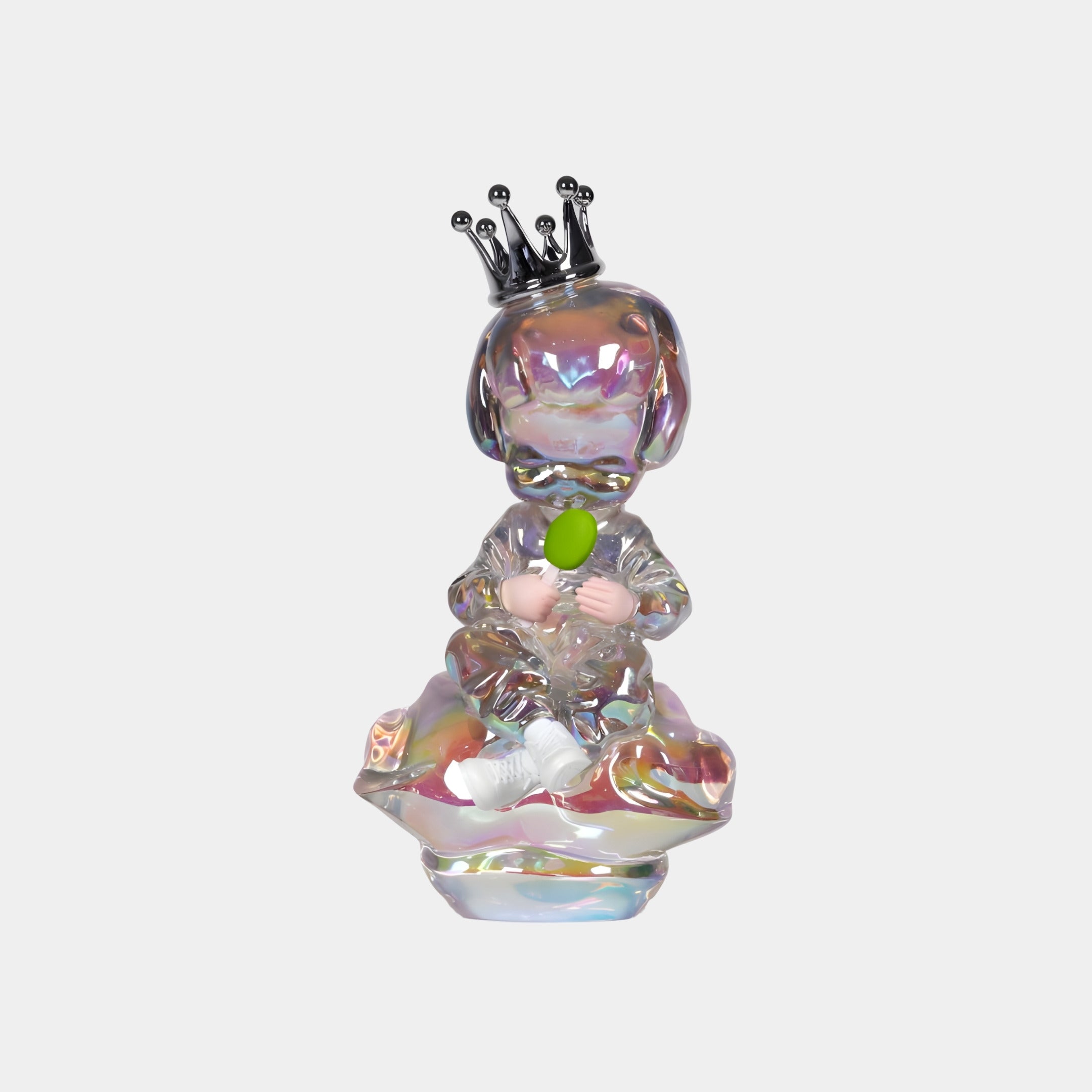 The Prism Crown Cloud Dreamer Figure - 54cm by Giant Sculptures is an iridescent collectible of a crowned child with a green lollipop, white shoes, and matching base, showcased against a plain background.