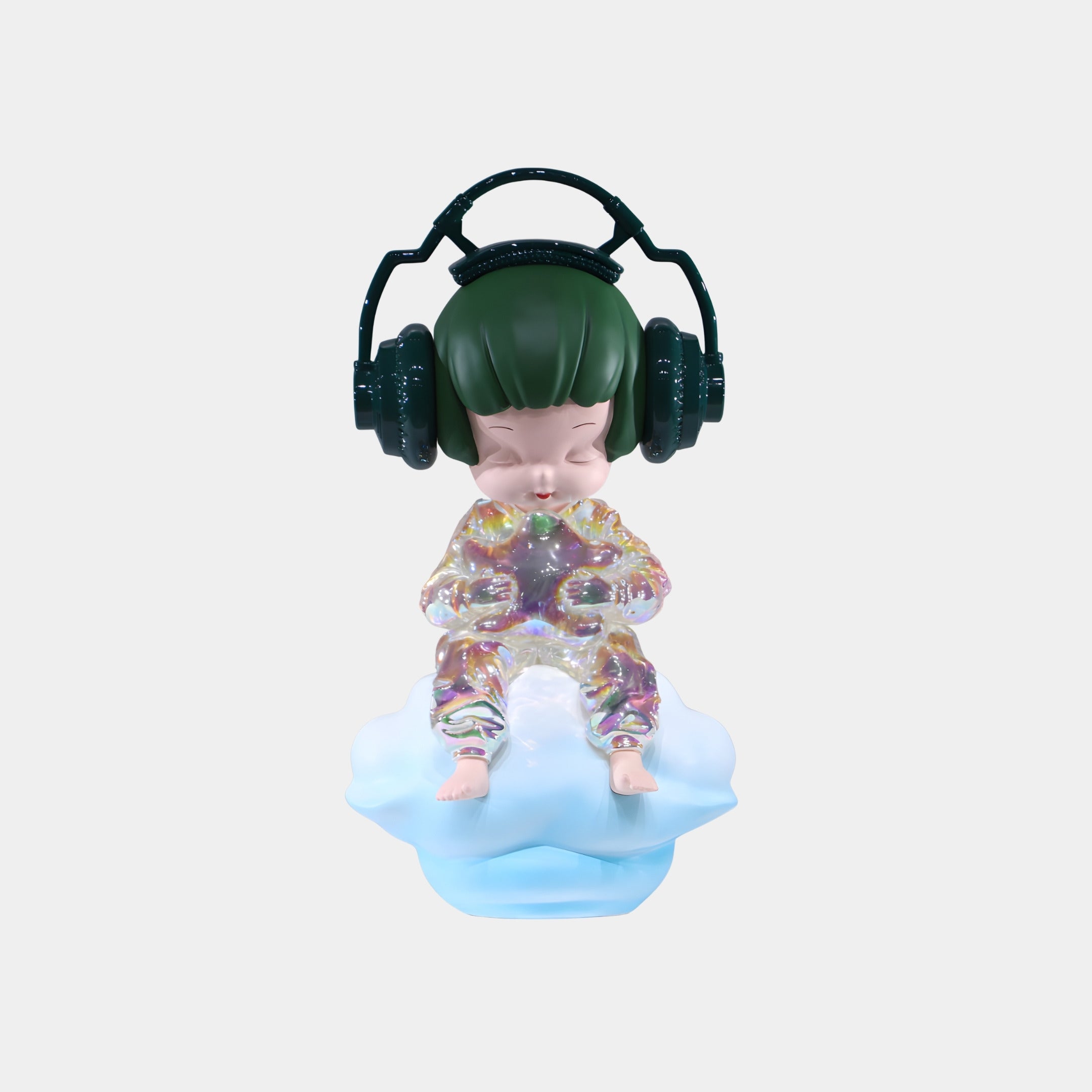 The Emerald Headphones Cloud Dreamer Figure - 55cm by Giant Sculptures is a 3D-printed resin child with green hair and black headphones, cross-legged on a blue cloud in an iridescent outfit—a unique art collectible.
