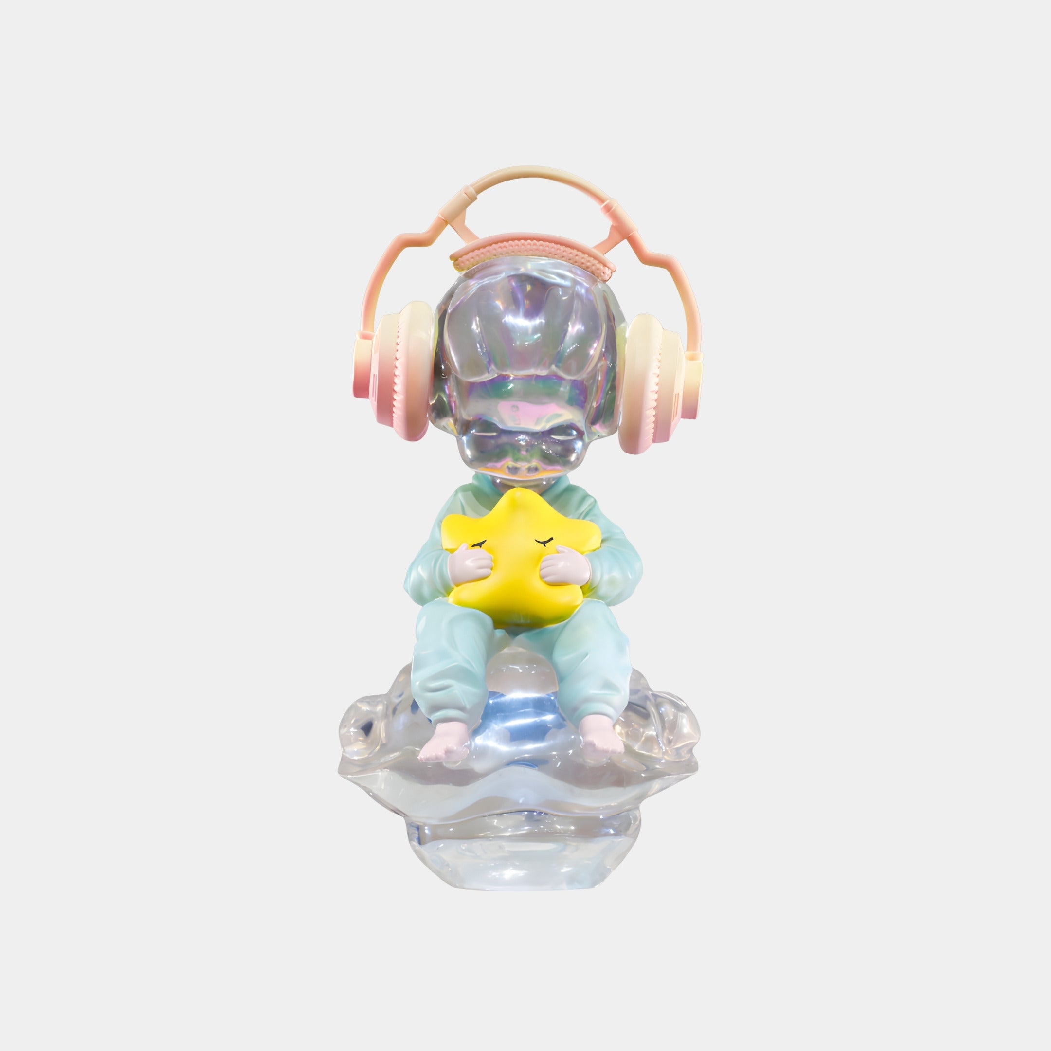 The Pastel Star Hug Cloud Dreamer Figure - 55cm by Giant Sculptures features a dreamy character in blue pajamas and pastel headphones, sitting on a translucent cloud with a yellow star—a stunning collectible for art enthusiasts.