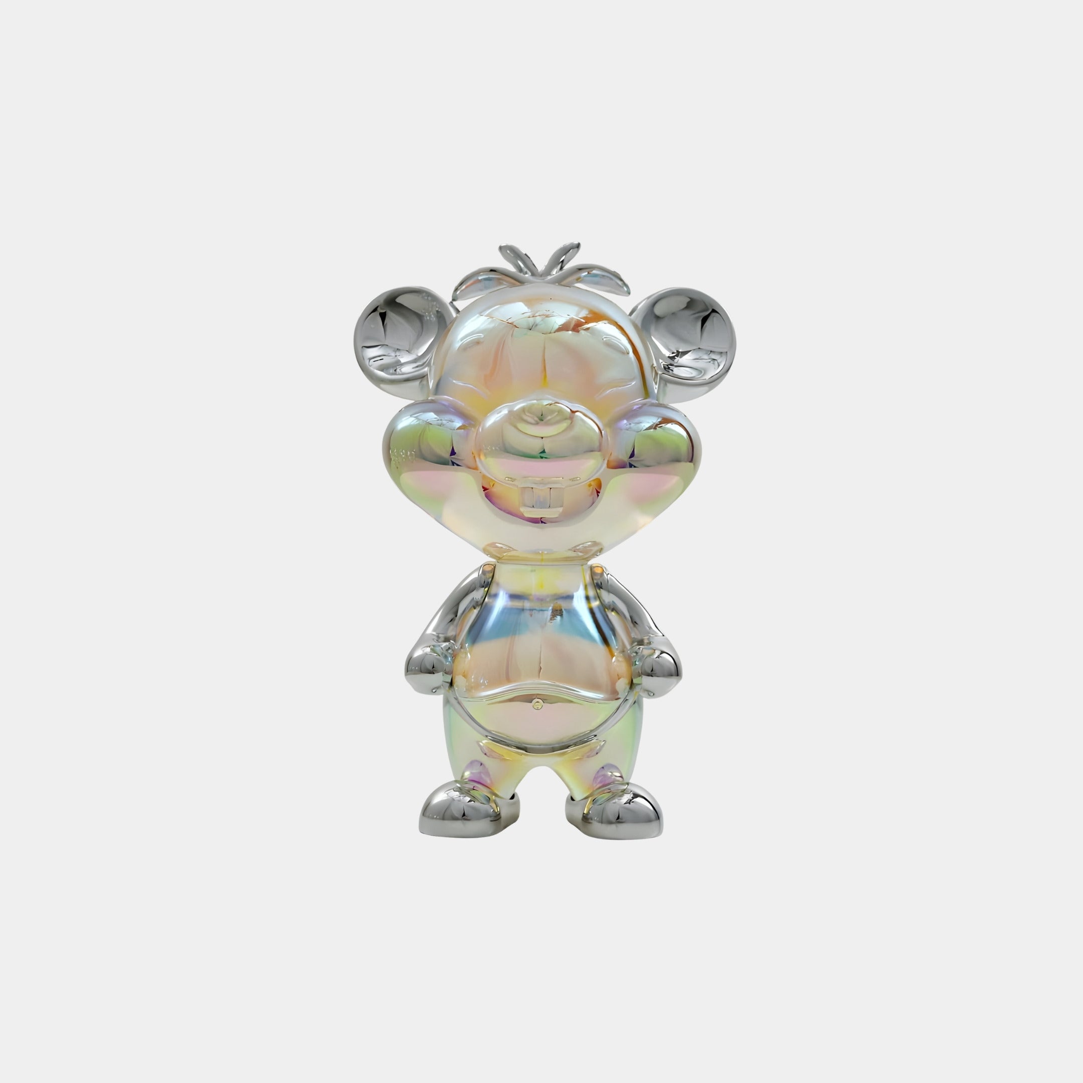 The Blush Bear Iridescent Glintz Figure - 16cm by Giant Sculptures is a shiny, iridescent 3D-printed resin collectible with metallic silver ears, nose, hands, and feet, standing upright against a plain white background.