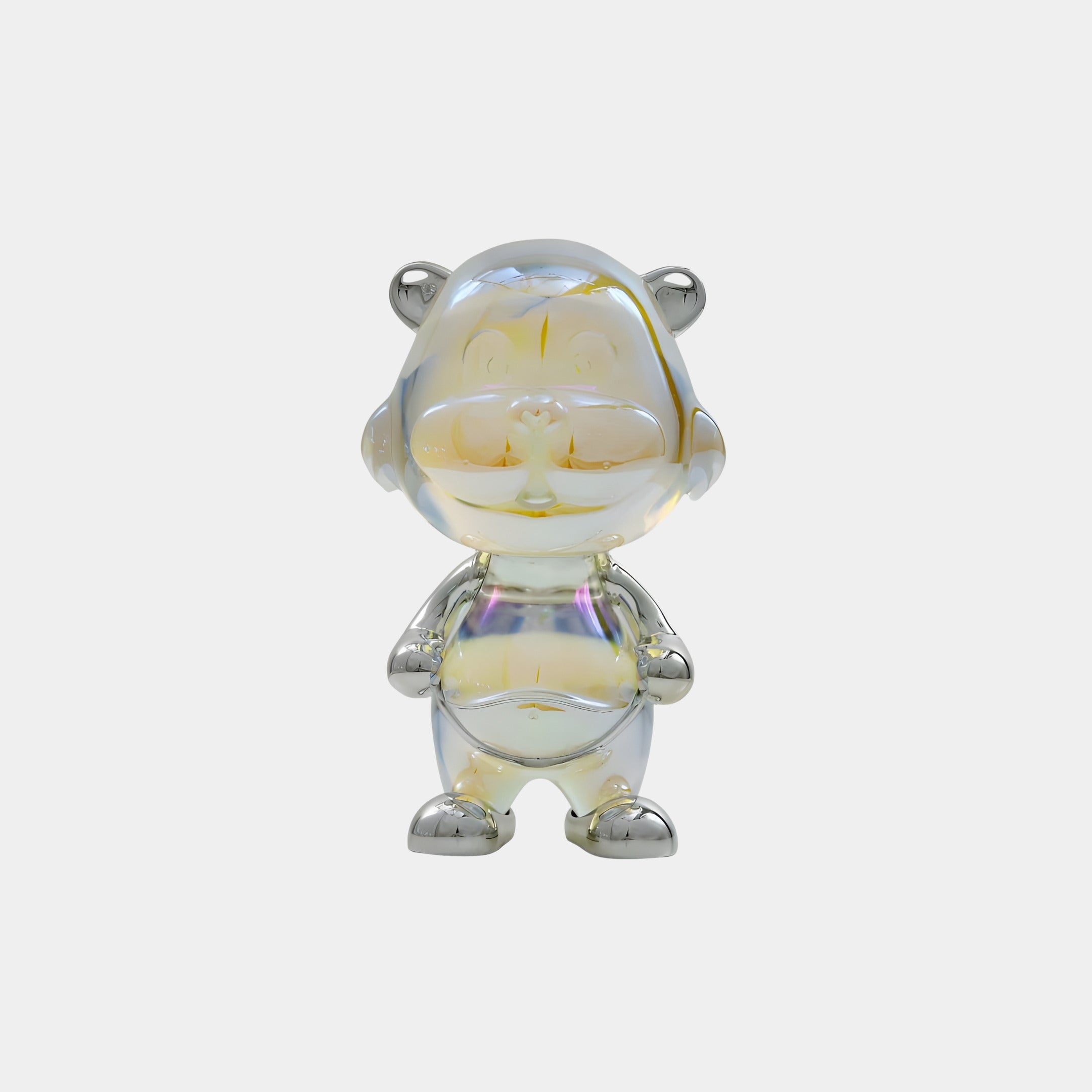 The Milo Monkey Iridescent Glintz Figure by Giant Sculptures is a 15cm collectible with a shiny, cartoonish design, 3D-printed in resin and featuring metallic silver accents on its ears, hands, feet, and nose. It stands upright against a white background.