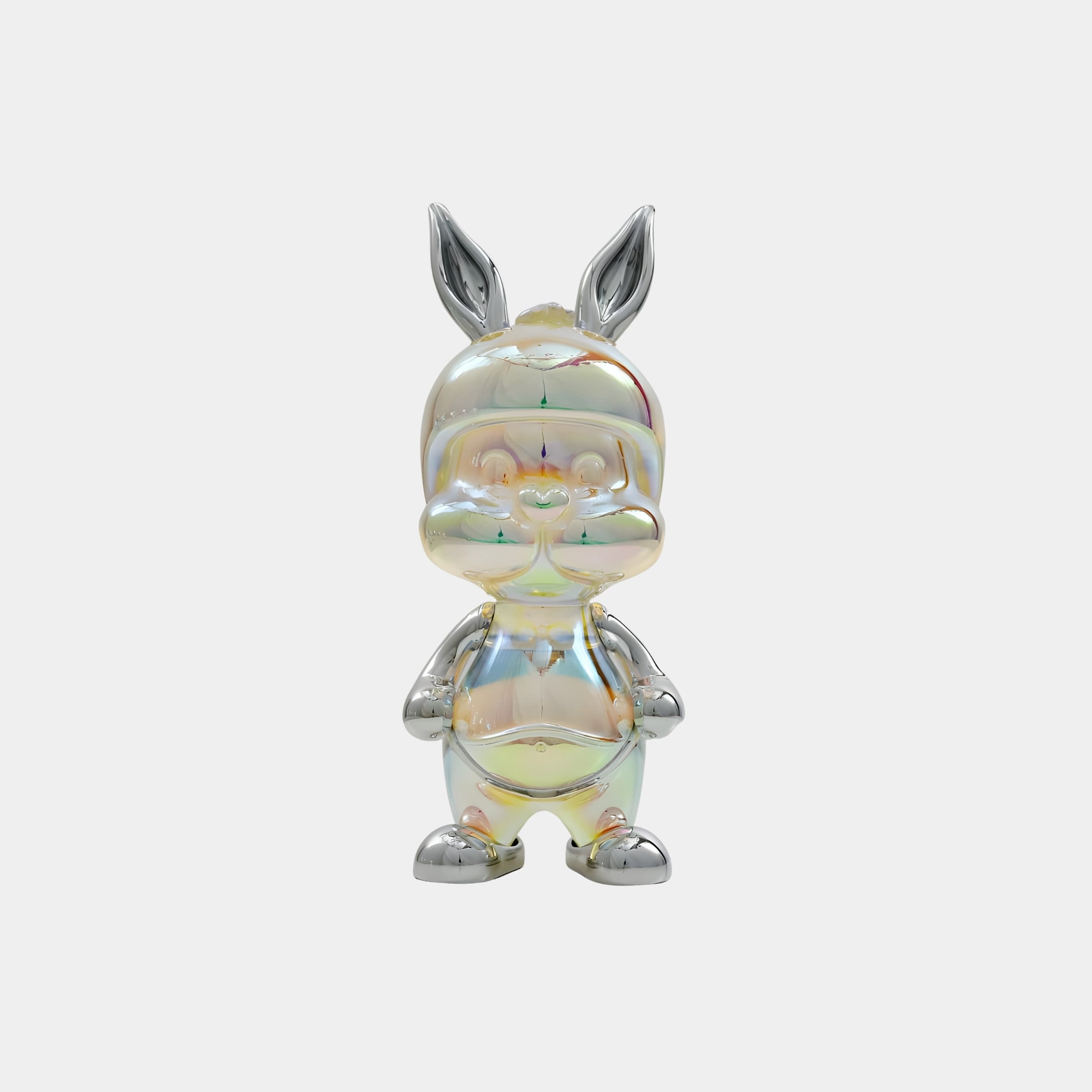 The Lumi Rabbit Iridescent Glintz Figure by Giant Sculptures is an 18cm, 3D-printed resin collectible with large ears, a playful rounded look, and a gleaming iridescent finish that reflects colorful light against a plain white background.