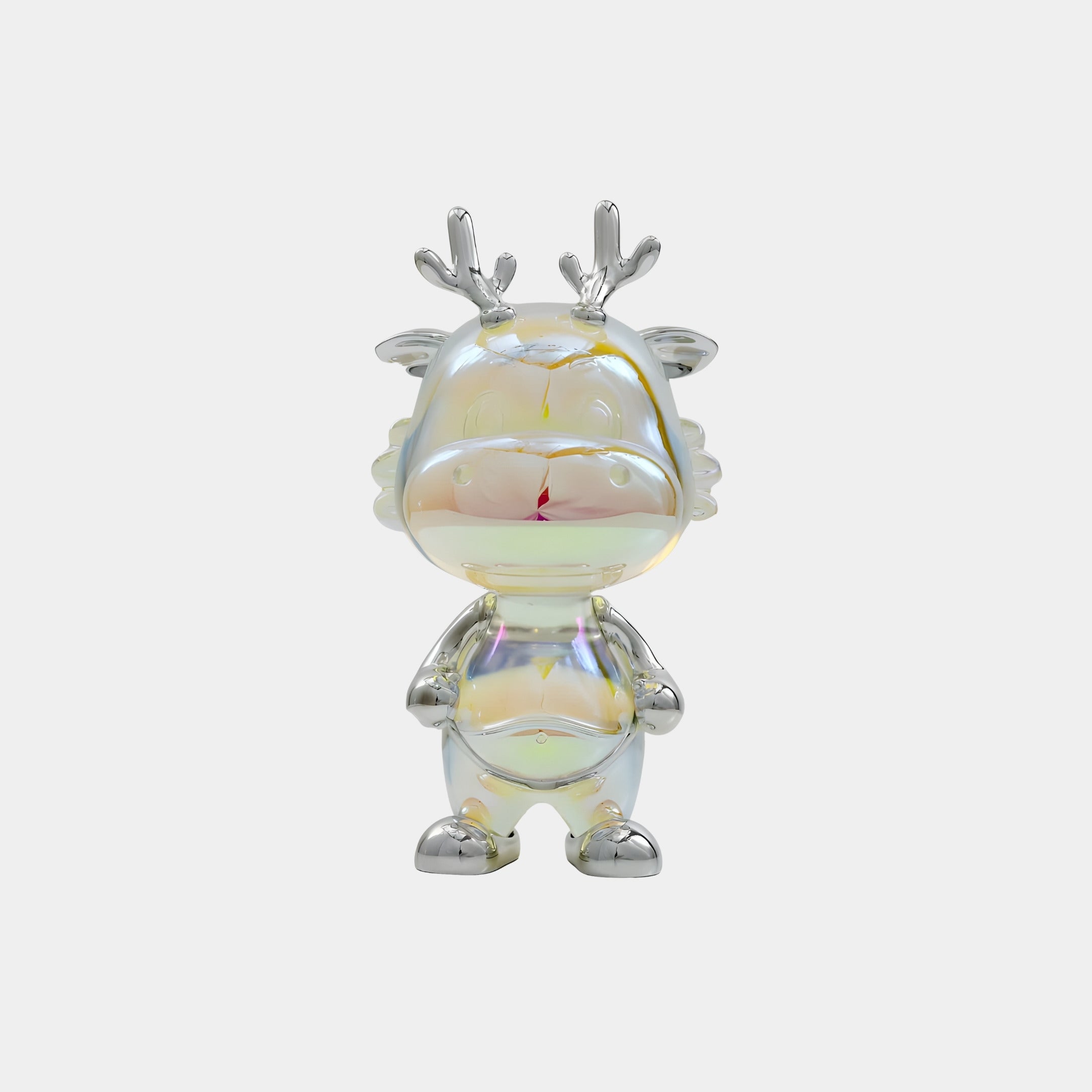 The Giant Sculptures Fable Deer Iridescent Glintz Figure (17cm) is a collectible with shiny, cartoon reindeer design, silver antlers, nose, hands, and feet, displayed on a plain white background.