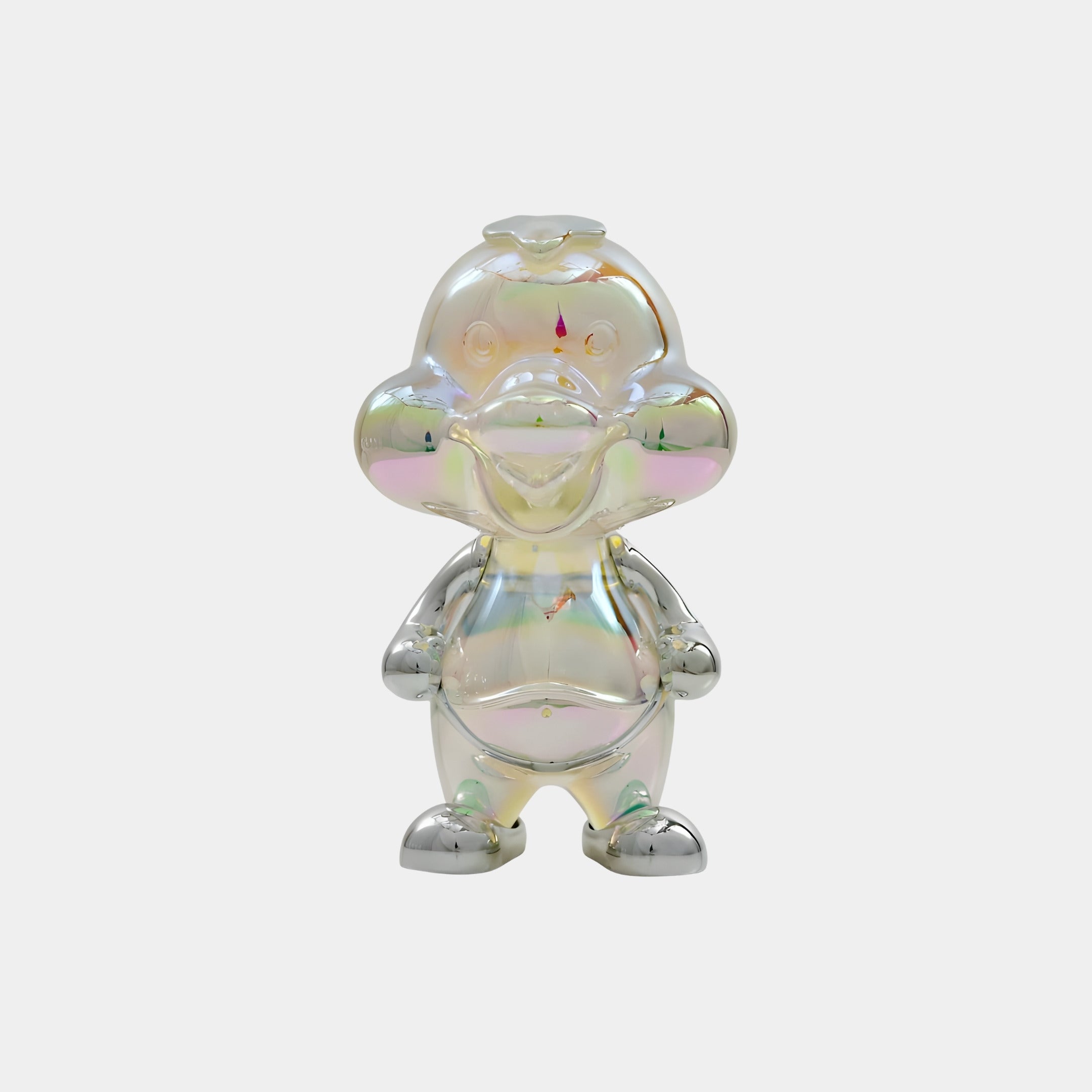 The Giant Sculptures Pip Duck Iridescent Glintz Figure - 14cm is a shiny, iridescent 3D-printed resin collectible with a large head, rounded body, and metallic silver feet and hands, standing upright against a white background.