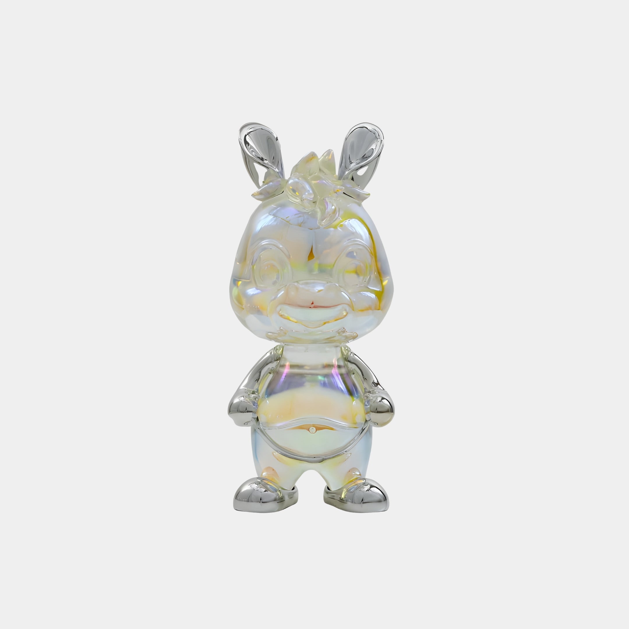 The Halo Rabbit Iridescent Glintz Figure by Giant Sculptures is a 17cm collectible featuring a shiny, cartoonish animal with big eyes, a round body, and large upright ears, shown standing against a plain white background.