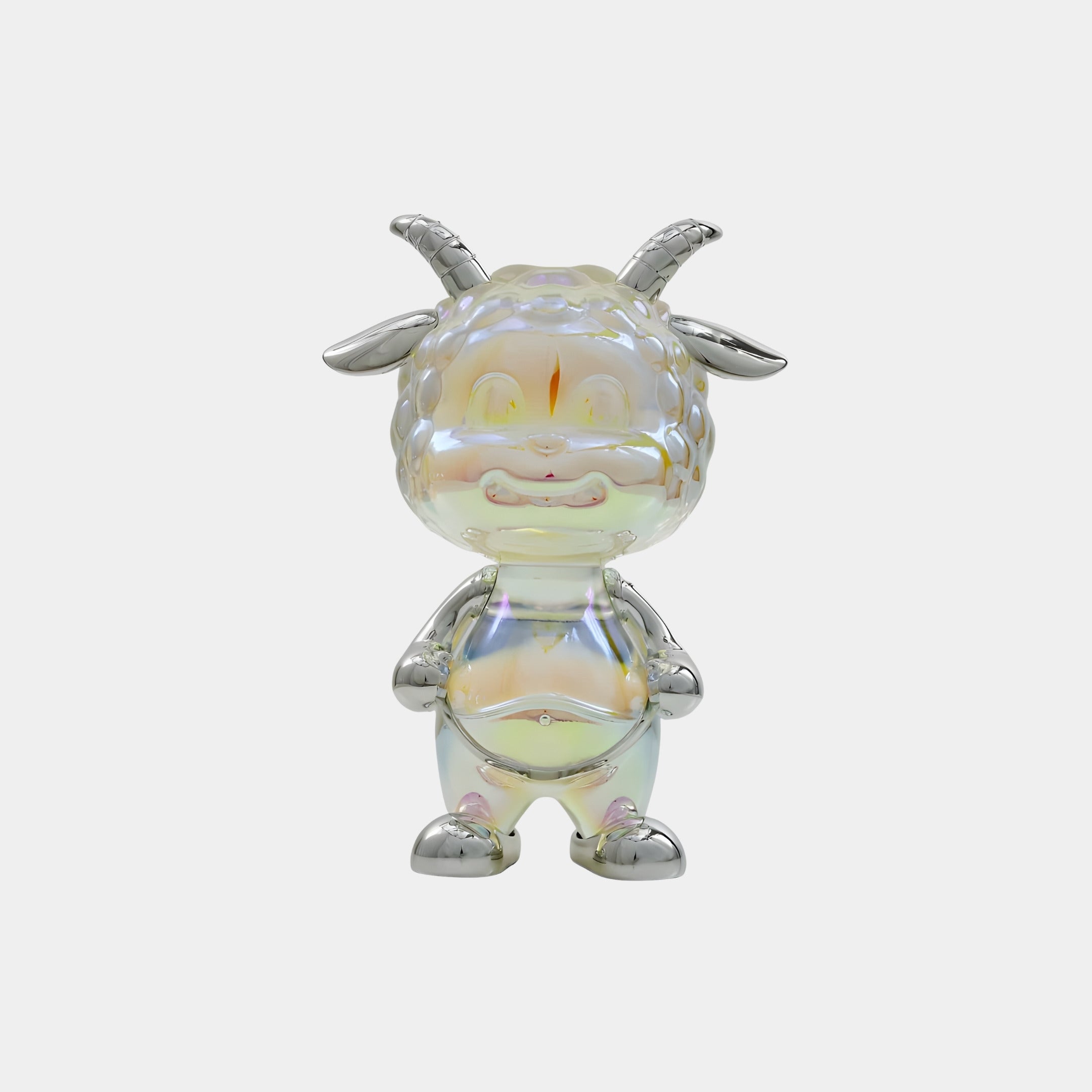 The Astra Ram Iridescent Glintz Figure by Giant Sculptures stands upright, featuring shiny iridescence and silver horns, ears, hands, and feet. This 16cm 3D-printed resin collectible pops against a plain white background.
