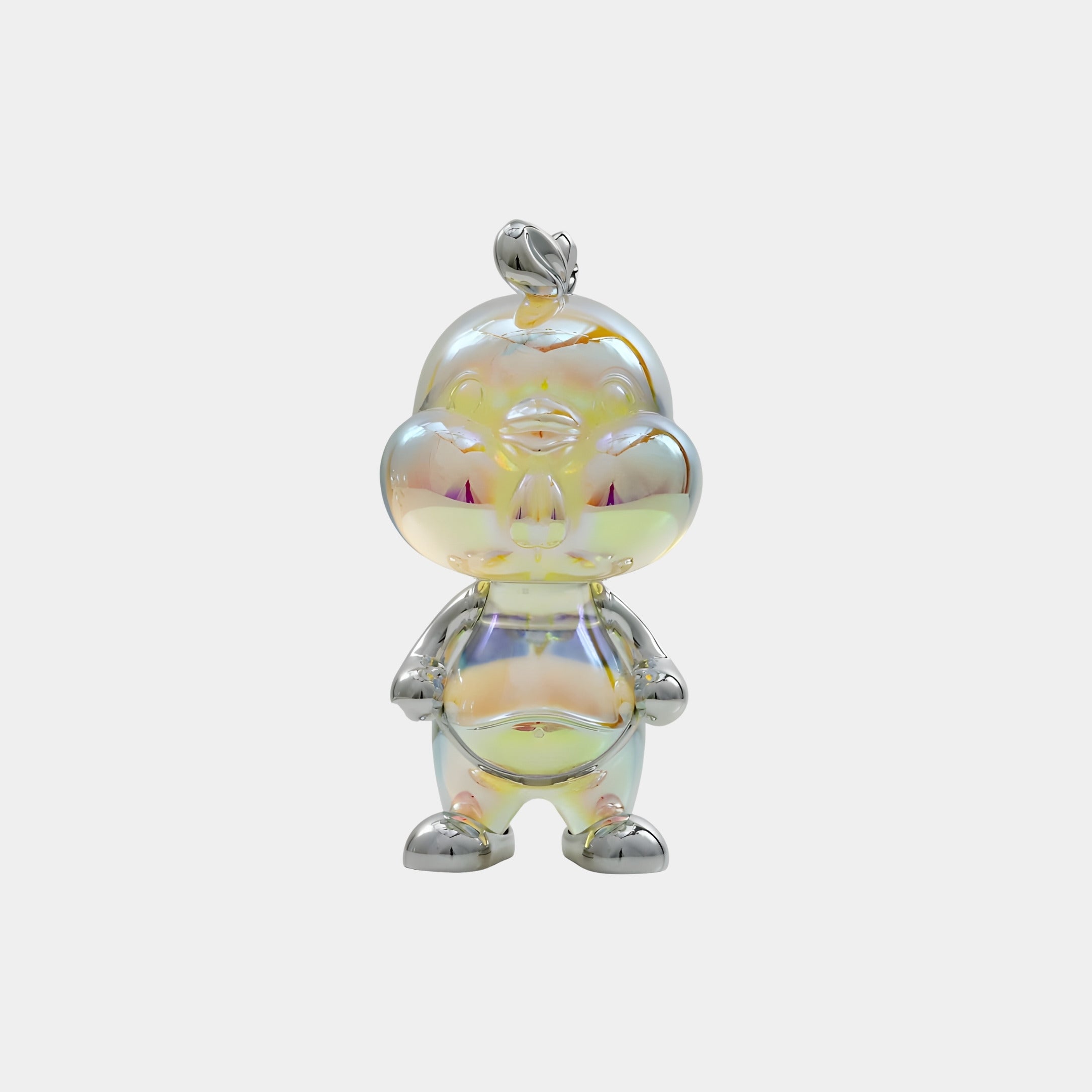 The Dewy Chick Iridescent Glintz Figure by Giant Sculptures stands 17cm tall, featuring a shiny, rainbow-hued surface, a large head, cartoon eyes, and small limbs on a plain white background.