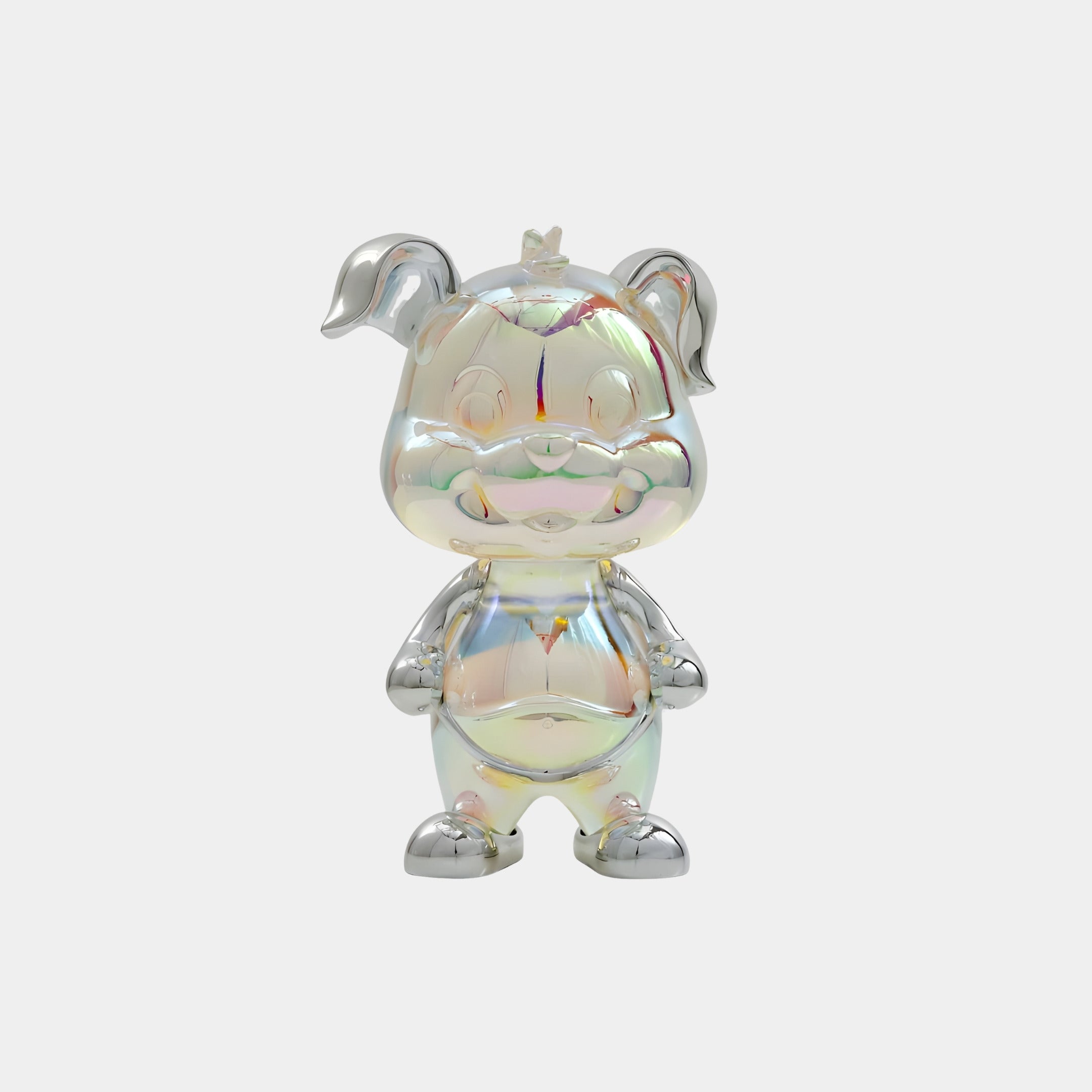The Noma Dog Iridescent Glintz Figure - 15cm by Giant Sculptures features a shiny, iridescent finish, large head, small body, and round details—an eye-catching collectible dog sculpture against a plain white background.