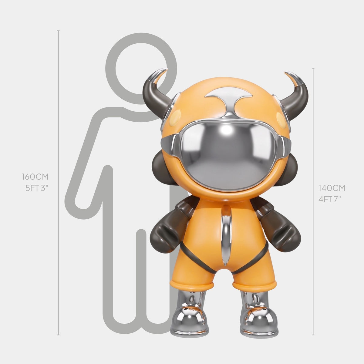 The Giant Sculptures Yellow Chrome Suit Astro Devil Sculpture - 140cm, a large, shiny, cartoon-like fiberglass piece, stands next to a height chart with a gray figure behind it measuring 160 cm tall.