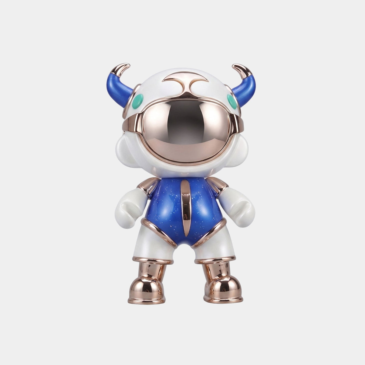 The Blue & White Suit Astro Devil Figure - 31cm by Giant Sculptures features a metallic helmet with a visor and green accents, horn-like ears, and a blue and white suit, standing upright against a plain white background.