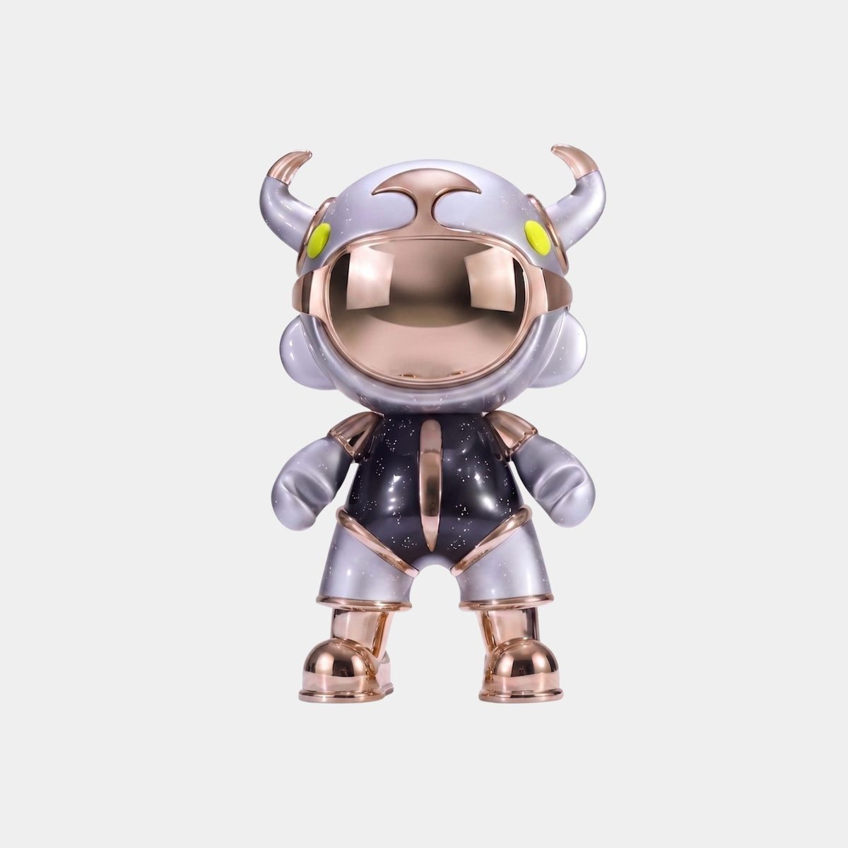The Giant Sculptures Steel Grey Suit Astro Devil Figure (31cm) features metallic silver and gold armor, a horned helmet, and yellow eyes—crafted from eco-friendly resin and displayed against a plain white background.