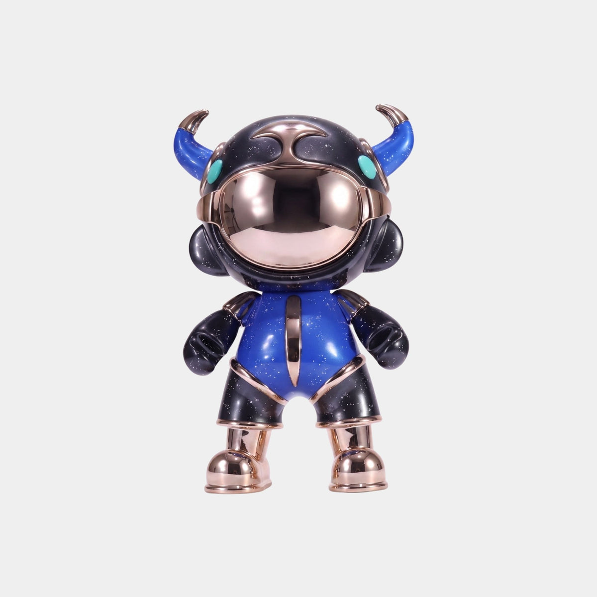 The Blue & Black Suit Astro Devil Figure by Giant Sculptures stands 31cm tall, featuring a horned astronaut in a shiny black and blue suit with teal horns and a reflective helmet. This collectible resin sculpture blends space and devilish design.