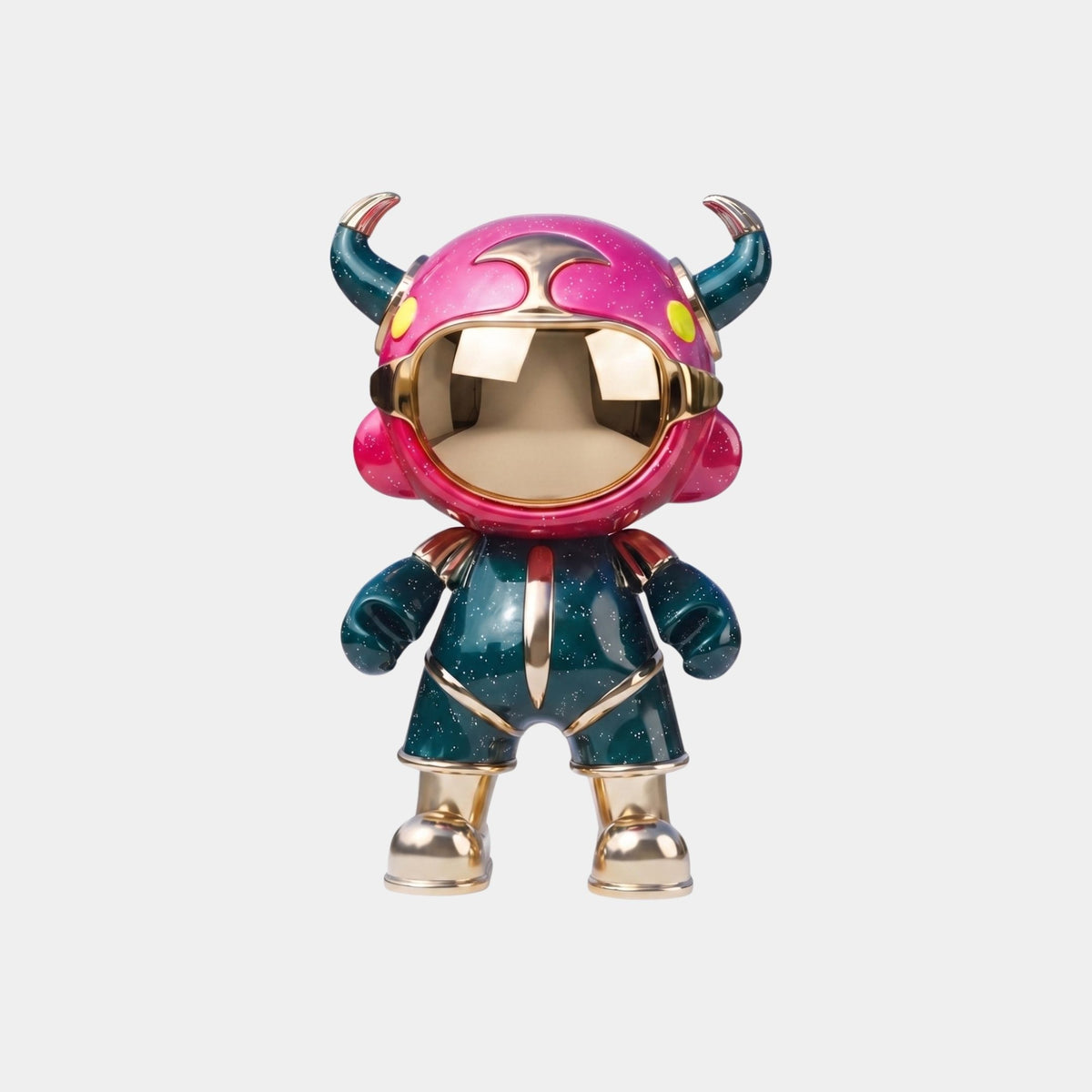 The Giant Sculptures Pink & Teal Suit Astro Devil Figure - 31cm features a pink and purple horned helmet, gold visor, green and gold suit, and gold boots, displayed against a plain white background.