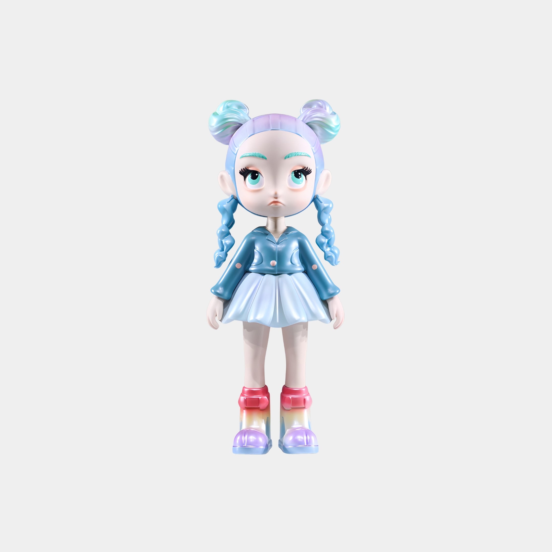 The Giant Sculptures Pastel Blue Rainbow Boots Girl Figure (35cm) features a stylized girl with pastel blue hair, braids, large eyes, a shiny blue jacket, white skirt, and rainbow boots—set against a plain light gray background.